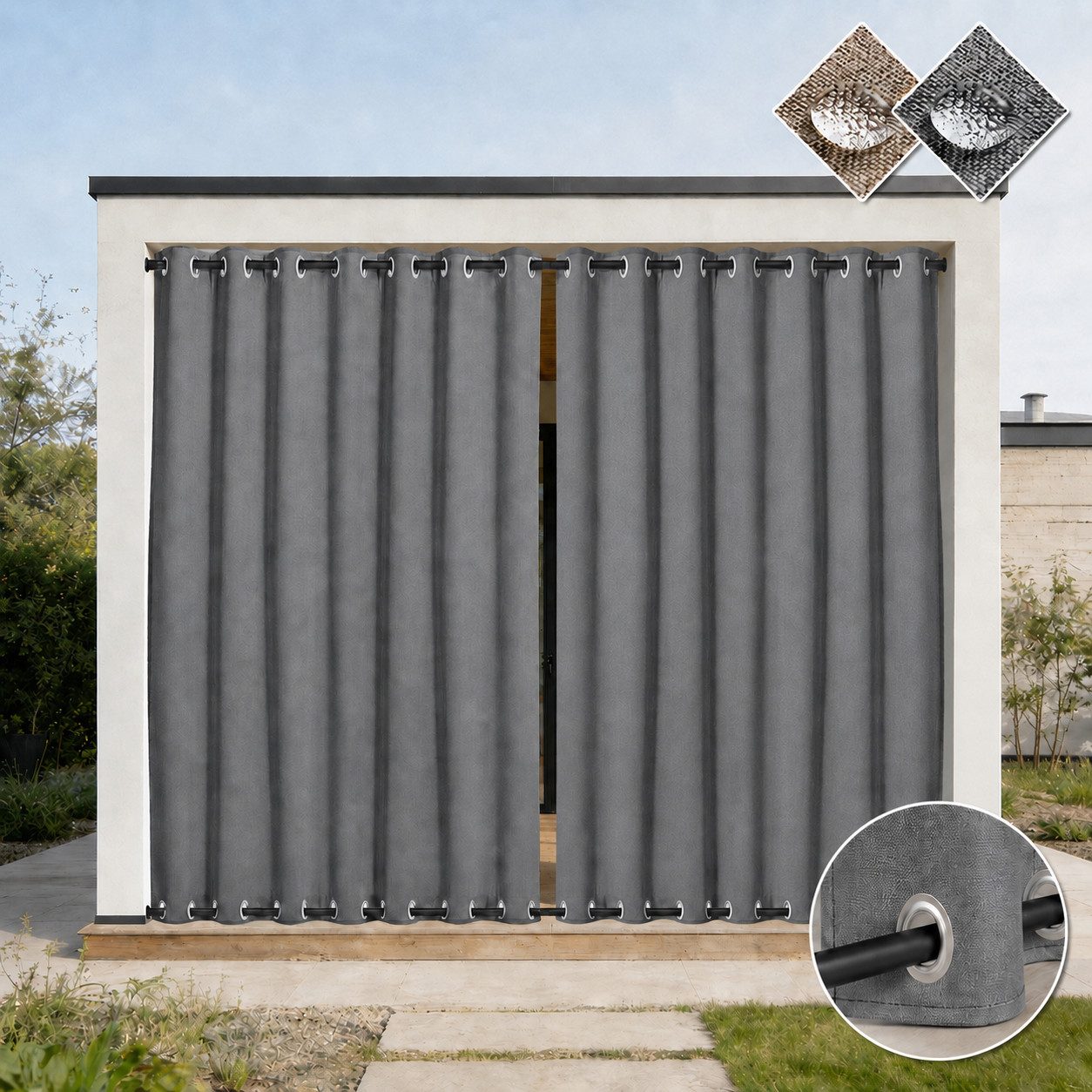 LMaxhome Outdoorvorhang 100% Blickdicht, wasserdicht, Ösen oben & unten fixierbar (2 St), Outdoor Sichtschutz mit Sonnenschutz, 254 cm, Leinenoptik, Taupe/Grau