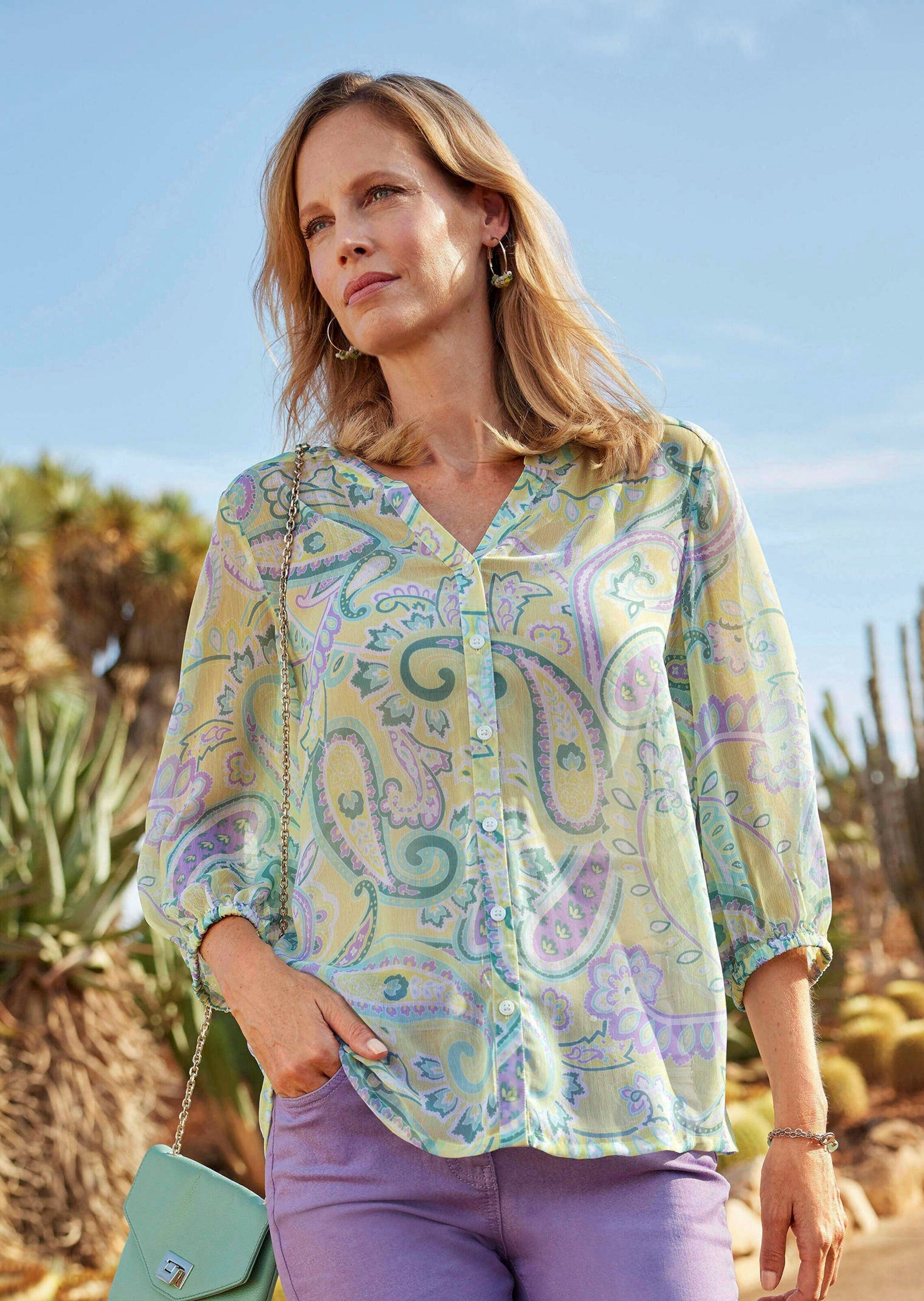 GOLDNER Chiffonbluse Druckbluse mit Paisley-Muster Zarte Chiffonbluse mit V-Ausschnitt und Knopfleiste