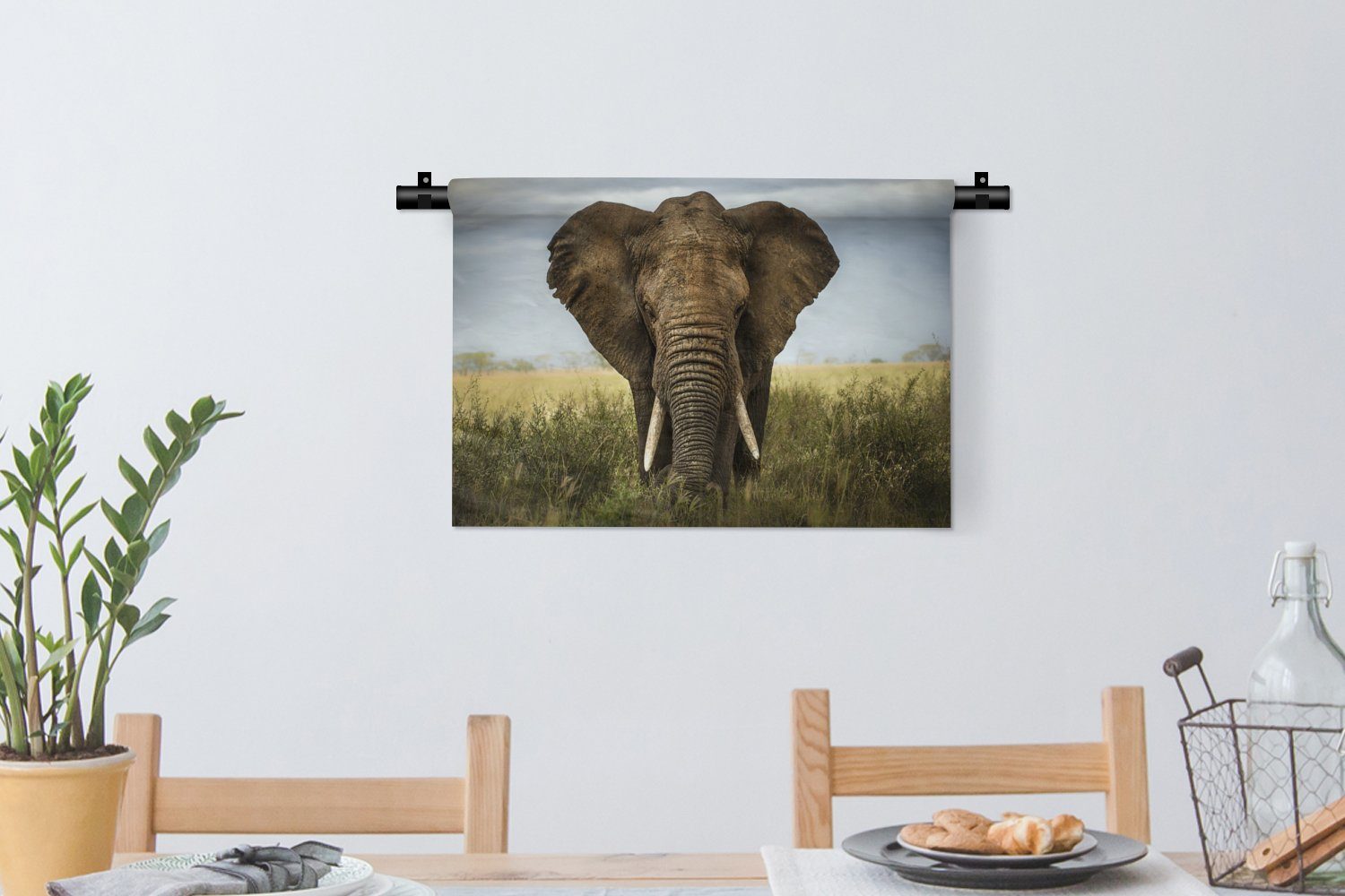 Elefant Wandbehang, Wanddekoobjekt Schlafzimmer, Wanddeko Wohnzimmer, - MuchoWow Natur Kleid, - für Landschaft, - - Kinderzimmer Tiere Gras