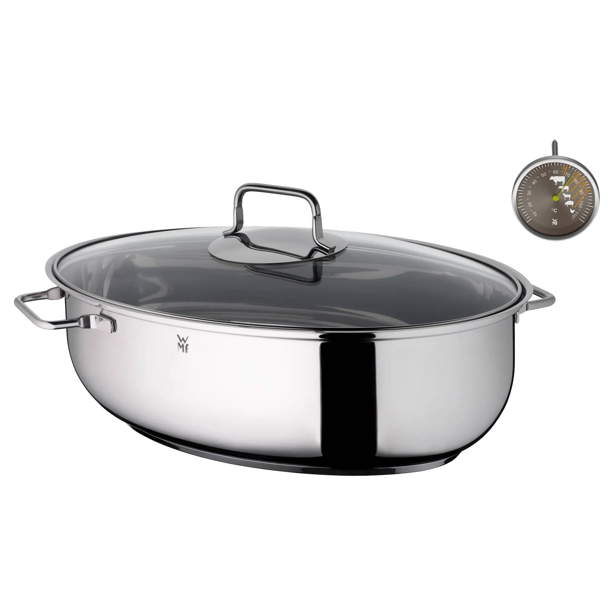 WMF Kochtopf Кастрюли жаровни 7,8l mit Glasdeckel und Thermometer, Cromargan® Edelstahl 18/10