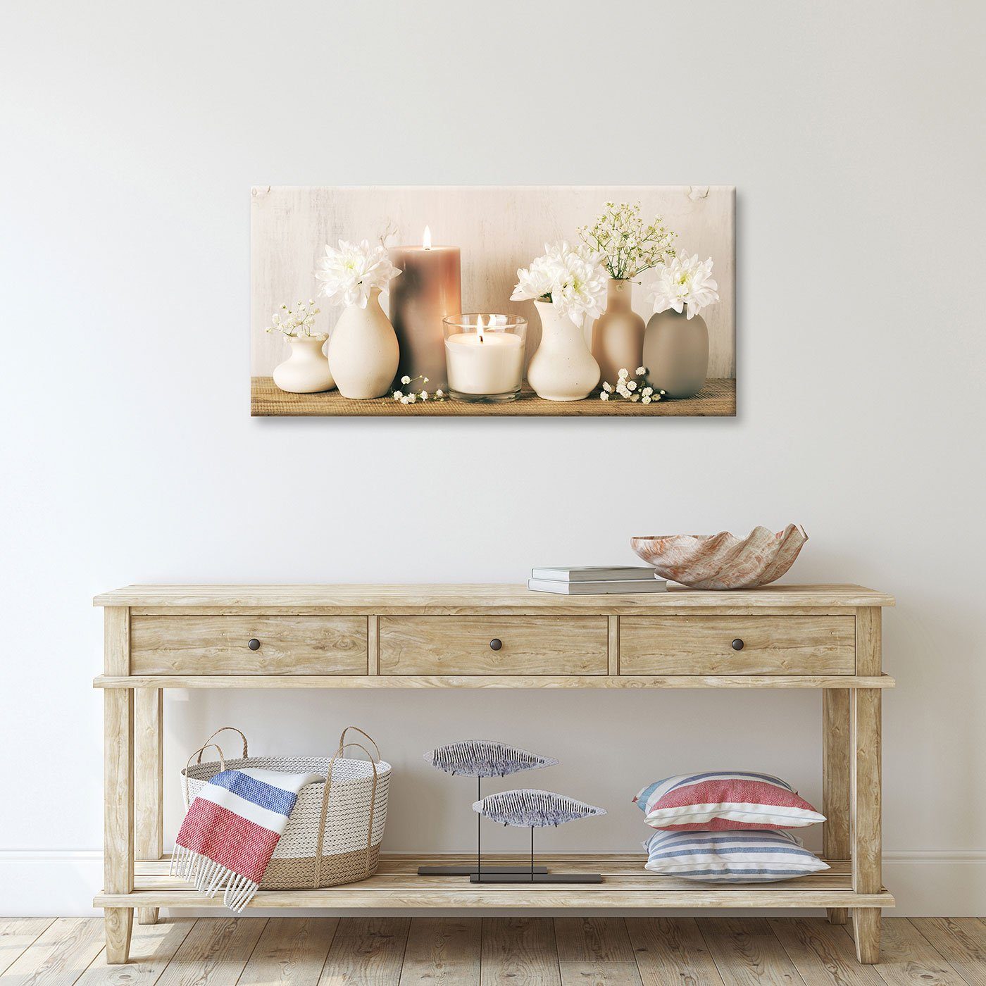 Levandeo® Leinwandbild, Leinwandbild XXL 115x55cm Kerzen Blumen Bild Kunstd günstig online kaufen