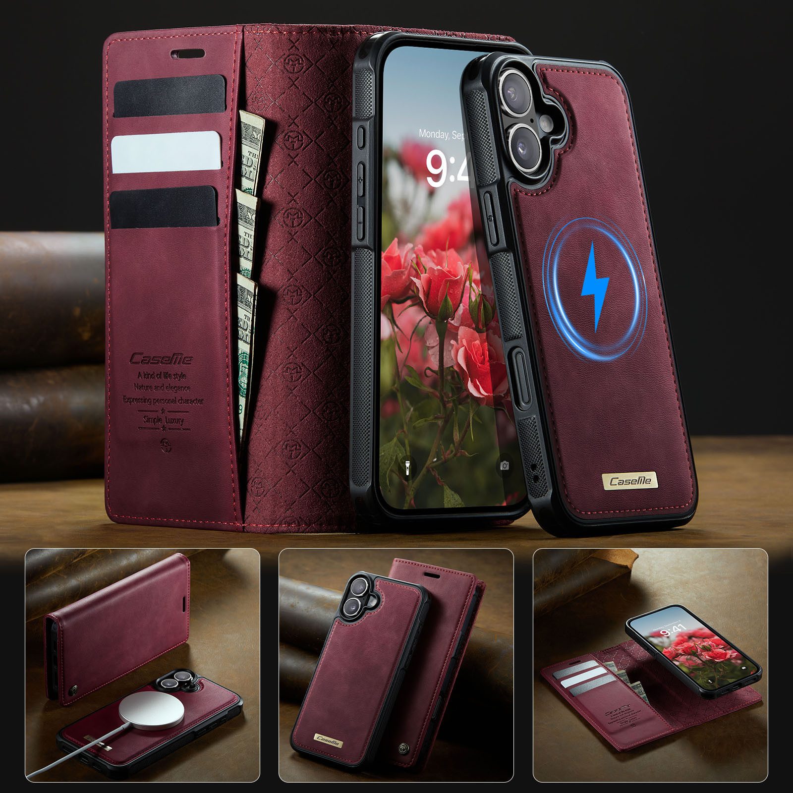Mycotech Handyhülle Premium 2in1 Klapphülle mit abnehmbarem Magnet Case MagSafe Für iPhone 16, Weinrot – Bild 5 von 5