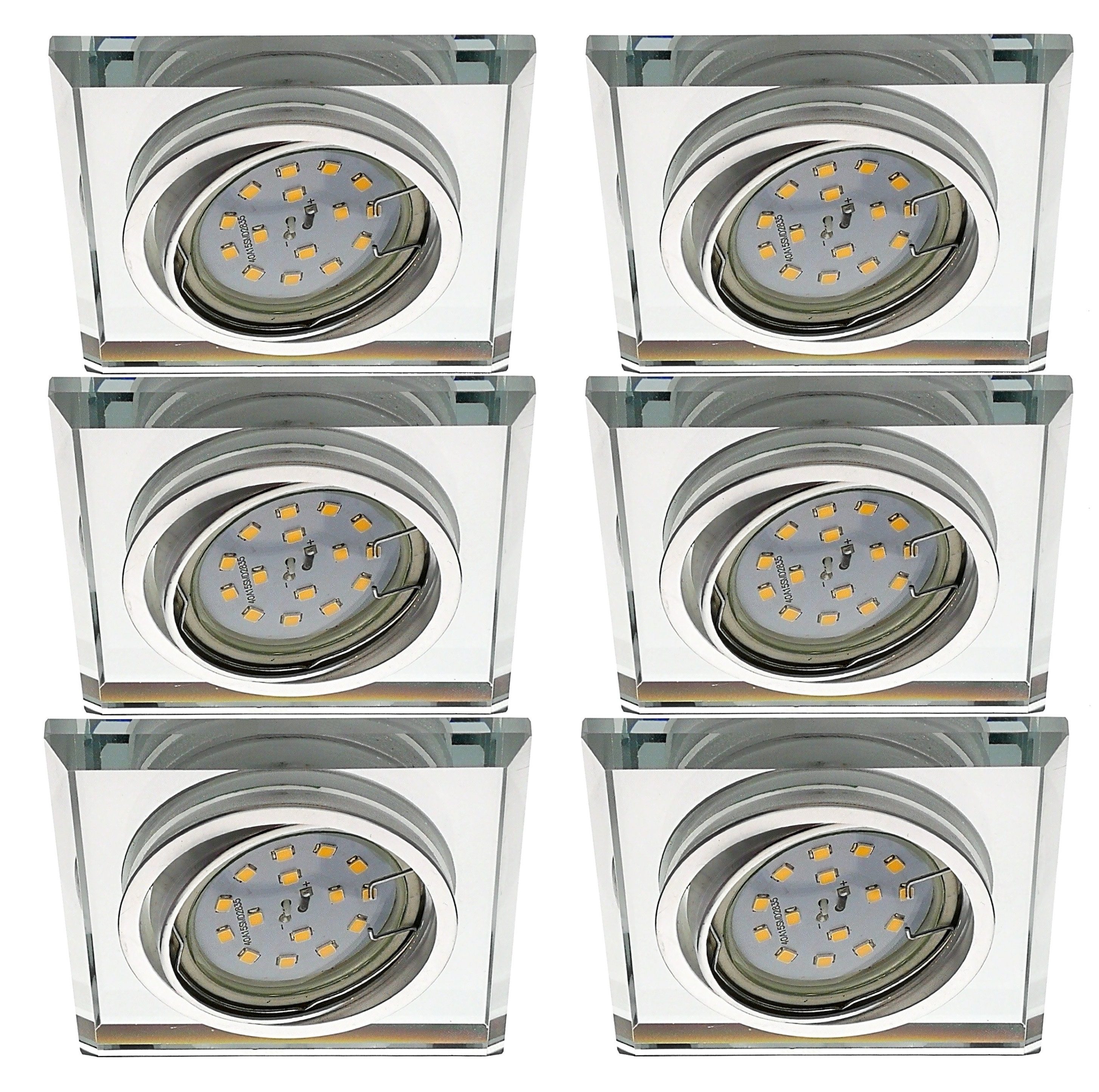 TRANGO LED Einbaustrahler, 6er Set *CRYSTAL* 6729S-06MO Deckenstrahler aus handgeschliffenem Glas inkl. 6x Ultra Flach 5 Watt LED Modul 3000K warmweiß, Einbauspots, Deckenleuchte, Deckenspots, Badleuchte, Deckenlampe