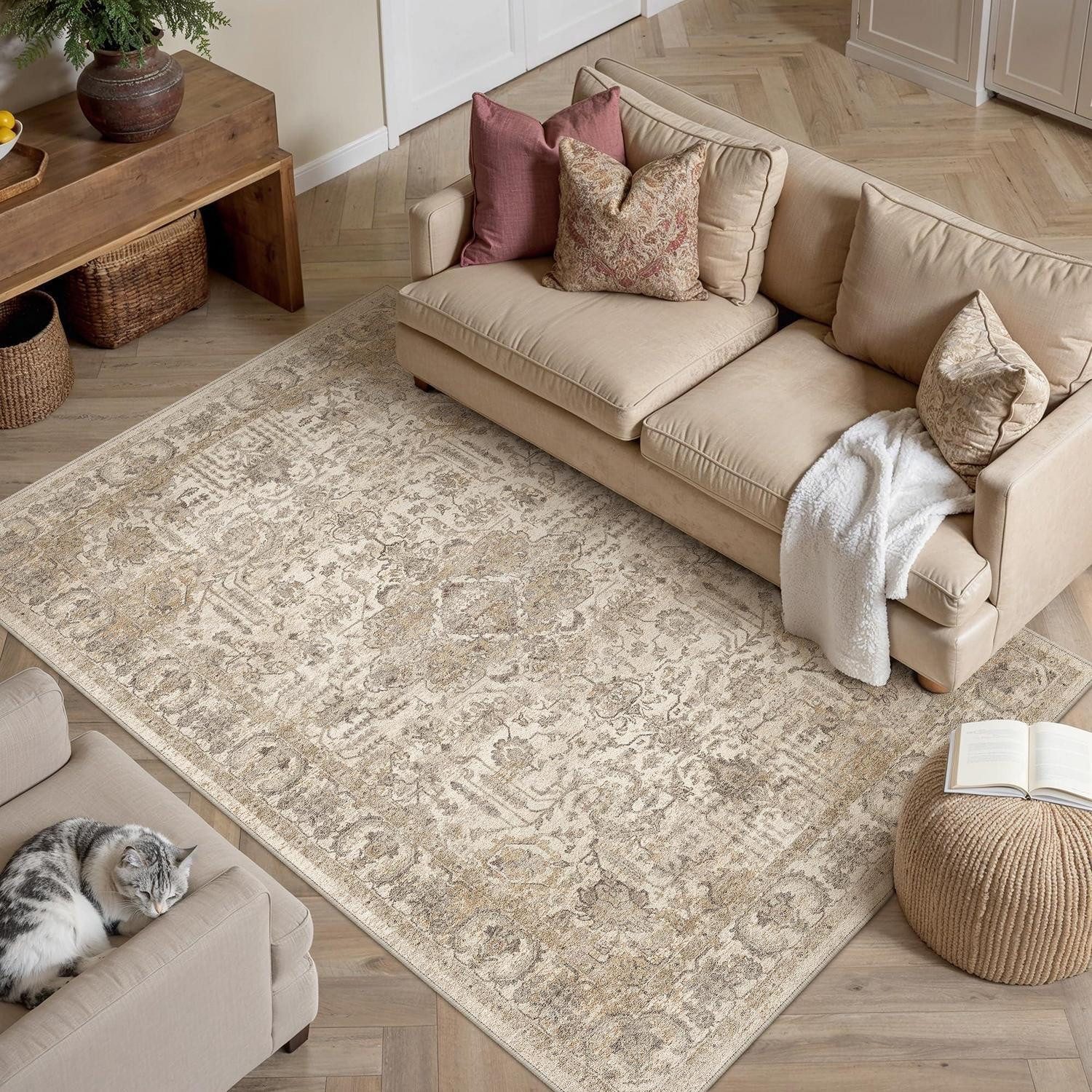 LuxusKollektion Teppich Teppich Wohnzimmer Vintage Waschbar Beige 120x170cm