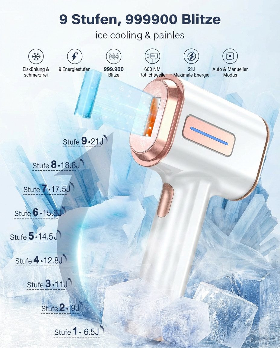 SWGOTA IPL-Haarentferner IPL Geräte Haarentfernung mit Kühlfunktion mit 999.999 Lichtimpulsen, 999.999 Lichtimpulse, 9 Energiestufen,Laser Haarentfernung Zuhause für Arm Bikinizone Körper