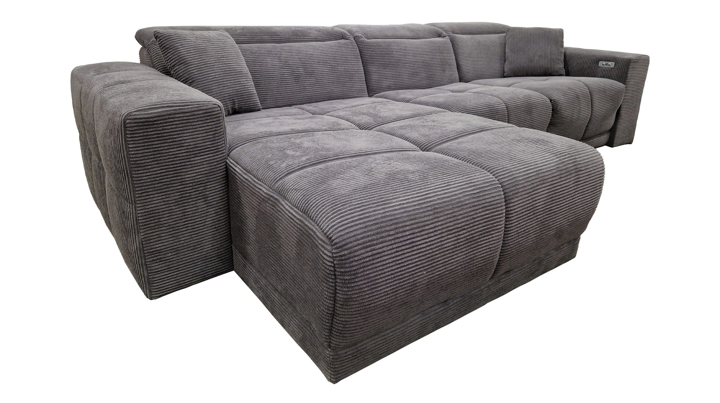 Massivart® Ecksofa mit Relaxfunktion / grau / Cord / 302 cm / Kopfteilverstellung / TONI, Nosagunterfederung · frei im Raum stellbar · inkl. 2 Zierkissen