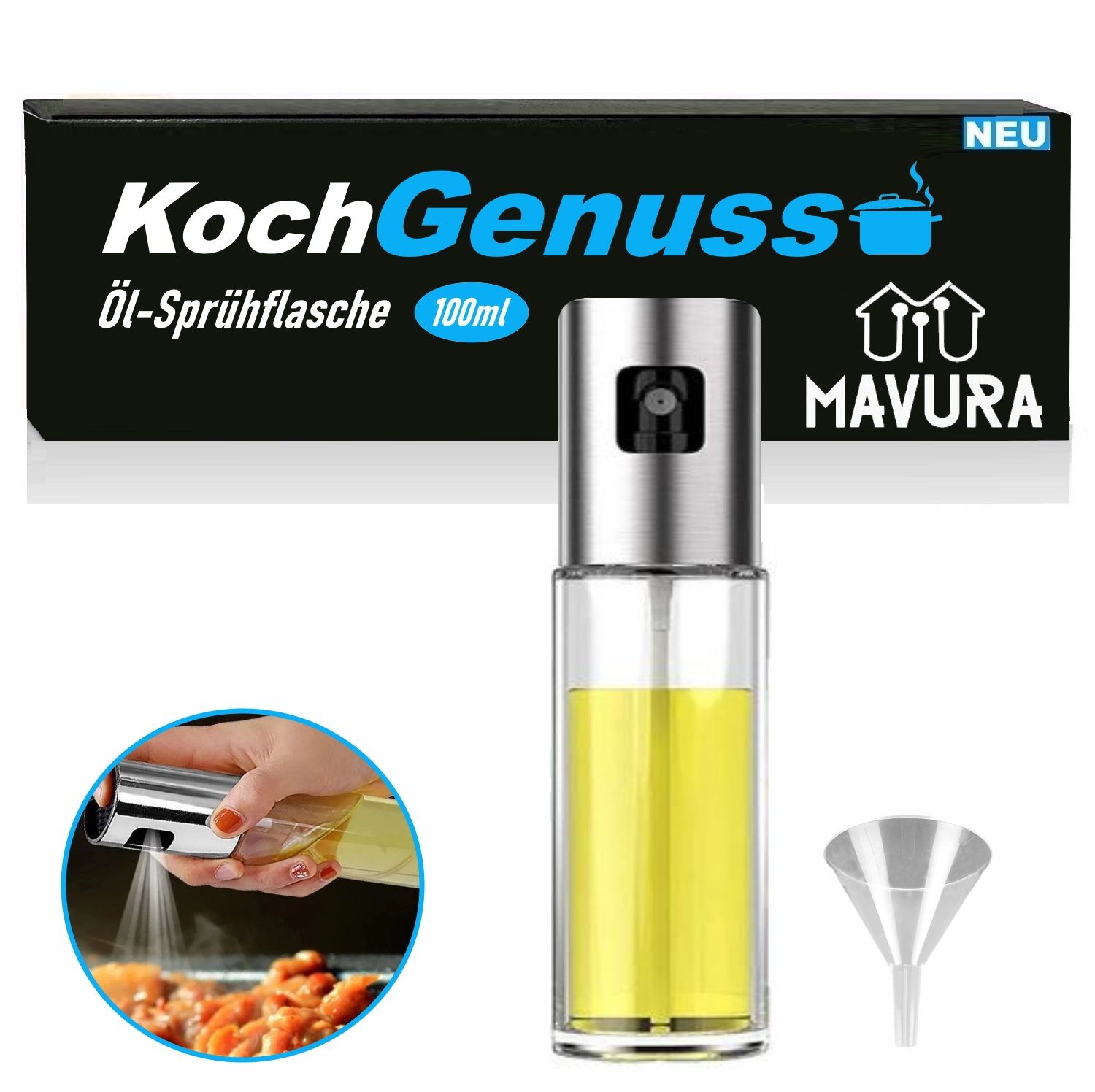 MAVURA Ölspender KochGenuss Ölsprüher zum Kochen Öl Sprühflasche, Essigsprüher Ölspray Zerstäuber Olivenöl Essig Spray Sprüher 100ml