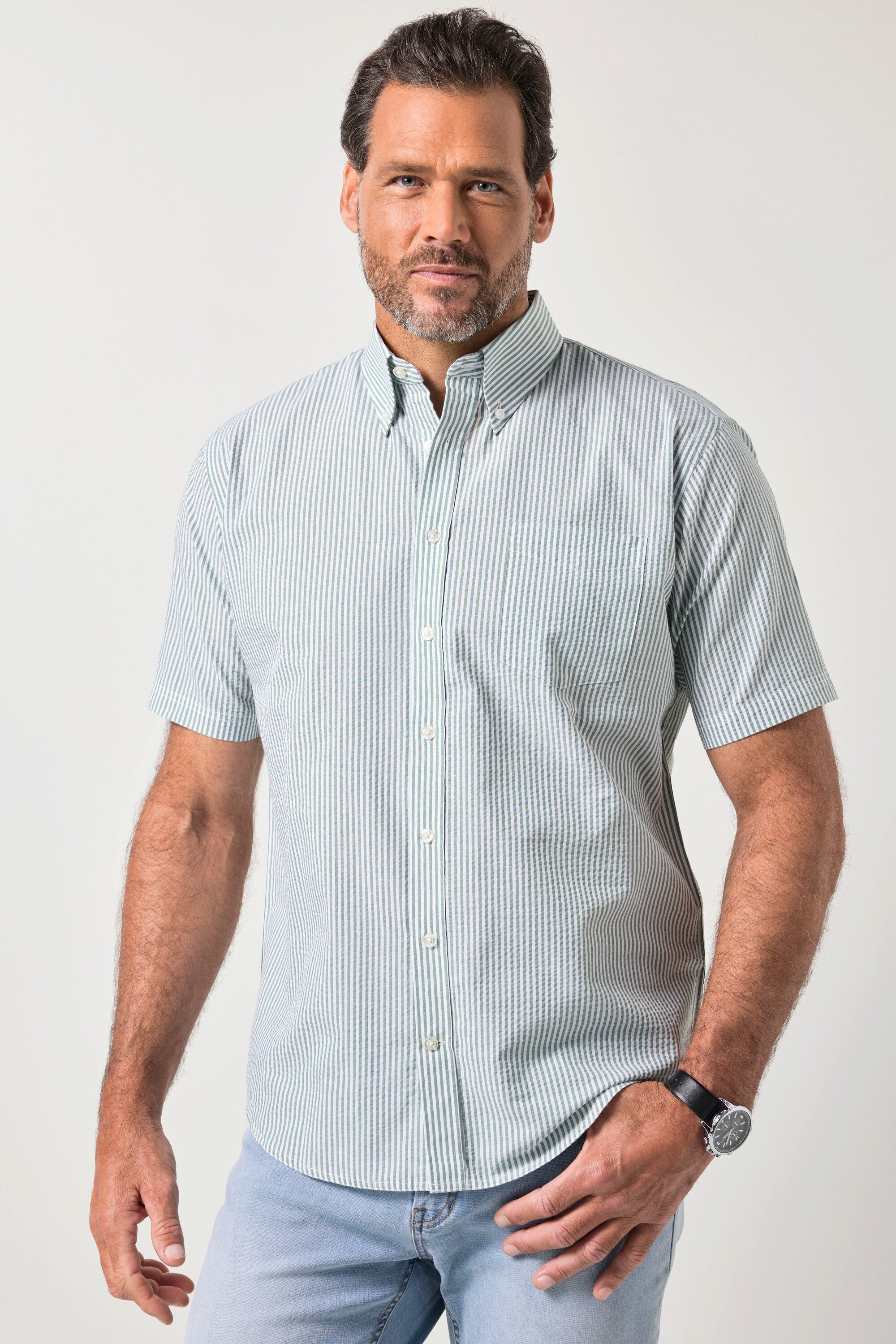 Kurzarmhemd Streifenhemd Halbarm Buttondown-Kragen Seersucker