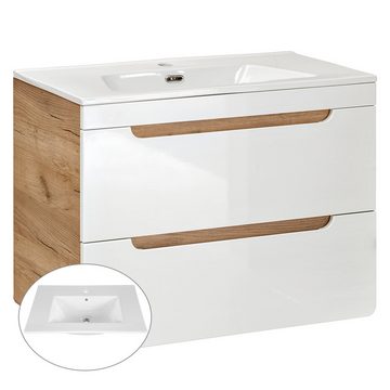 Lomadox Badmöbel-Set LUTON-56, (Spar-Set, 5-St), weiß mit Wotan Eiche Nb. mit LED-Spiegelschrank 130/200/46 cm