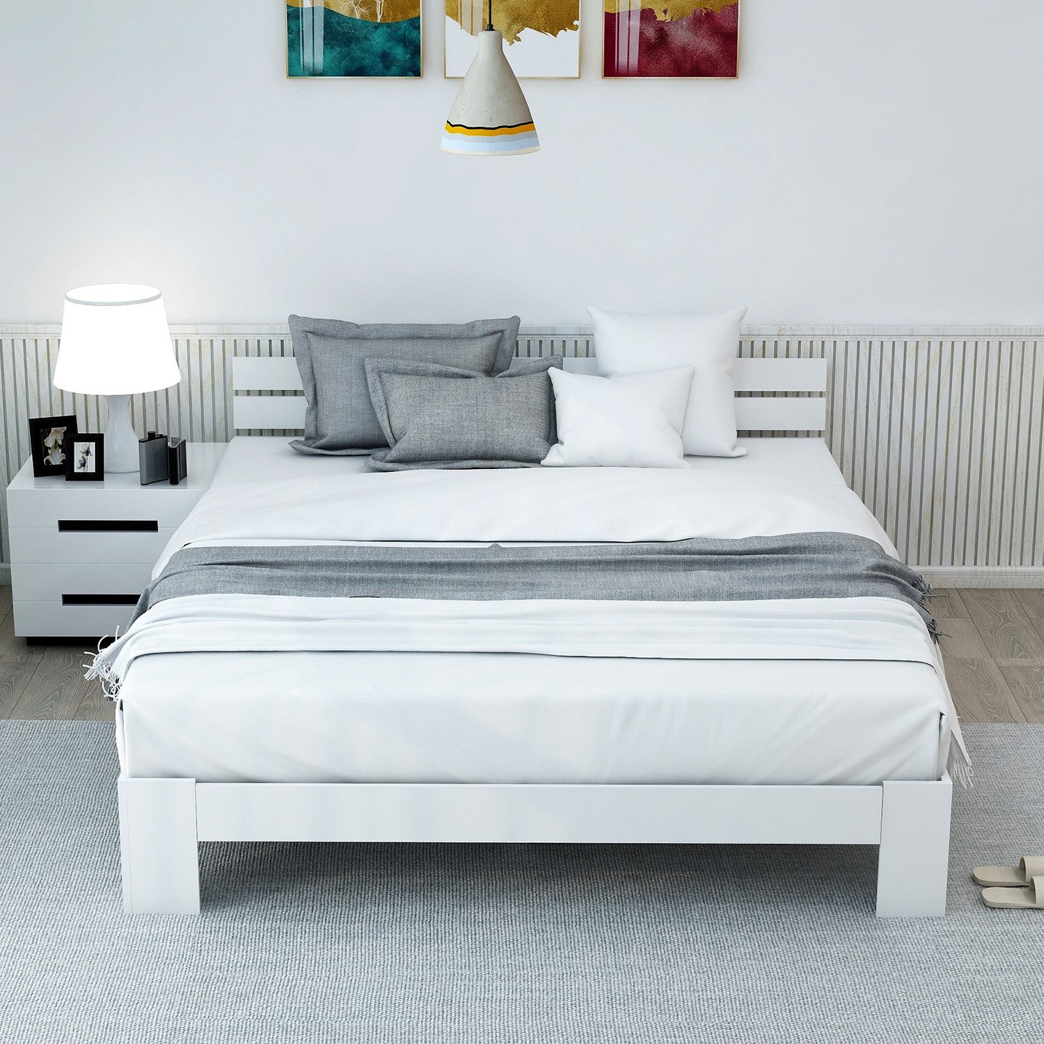 EXTSUD Holzbett Holzbett Doppelbett 140×200 cm – Massivholz Kiefer Weiß, Massivholz Massiv Doppelbett, 200 x 140 cm