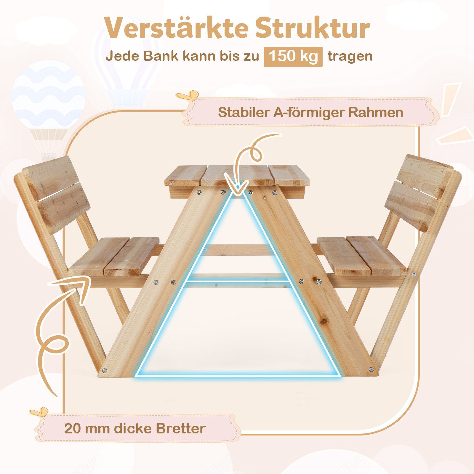 COSTWAY Garten-Kindersitzgruppe, Picknicktisch mit 2 Bänken, Stuhlset Holz