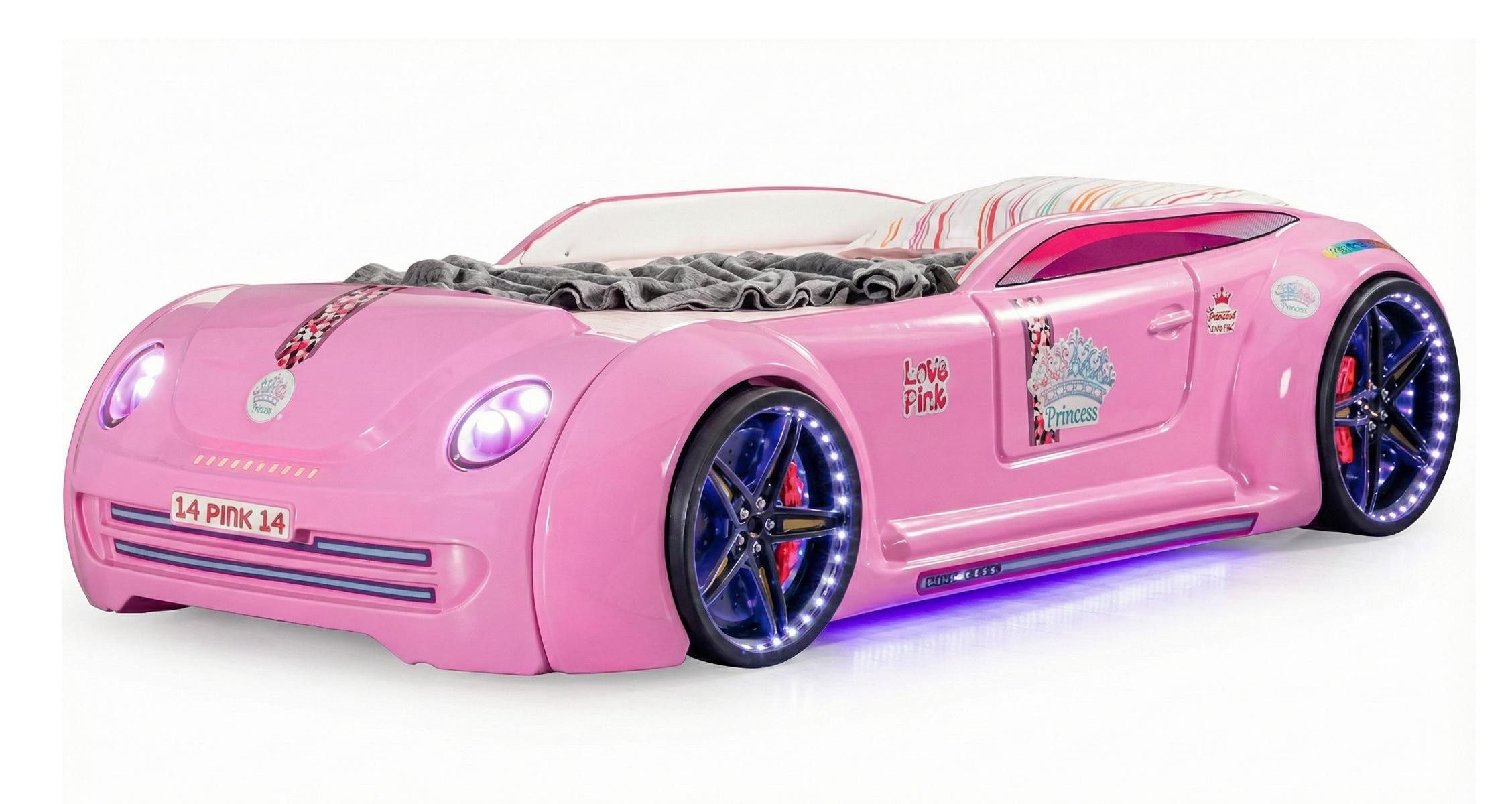 JVmoebel Autobett Pinkes Autobett für Mädchen mit LED Lichtern & Soundeffekten, Made in Europa