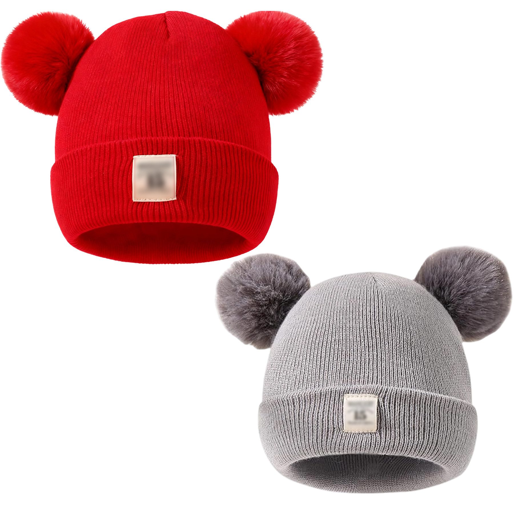 Mutig Strickmütze 2er Pack Kinder Wintermützem, Baby Strickmütze mit zwei Bommeln (Warme Winter Beanie Hut, Unisex Mütze für Jungen & Mädchen) Weiche Herbst & Winter Mütze, für 0, 1, 2, 3 Jahre
