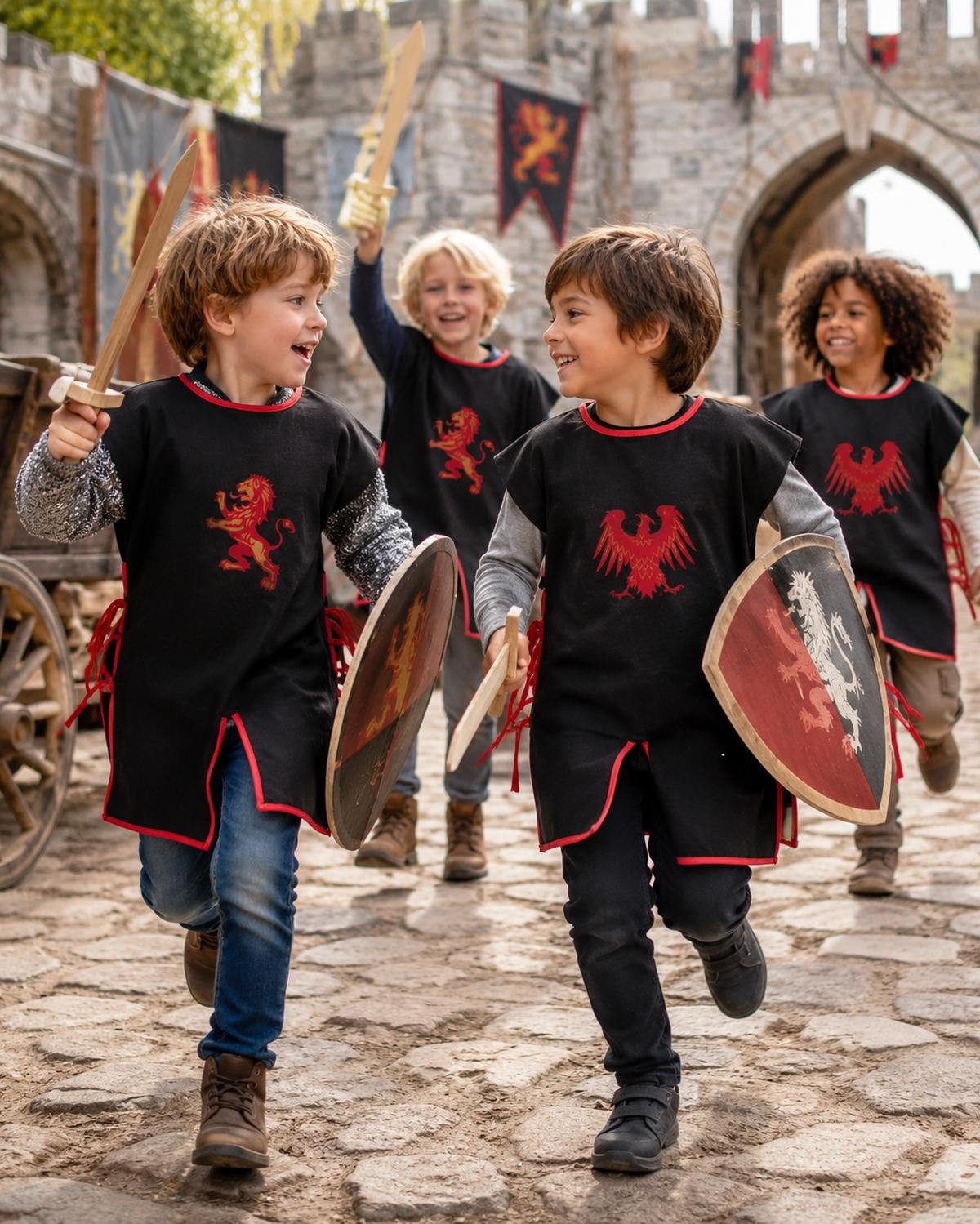 Das Kostümland Kostüm Ritter Tunika für Kinder mit Wappen Adler Schwarz