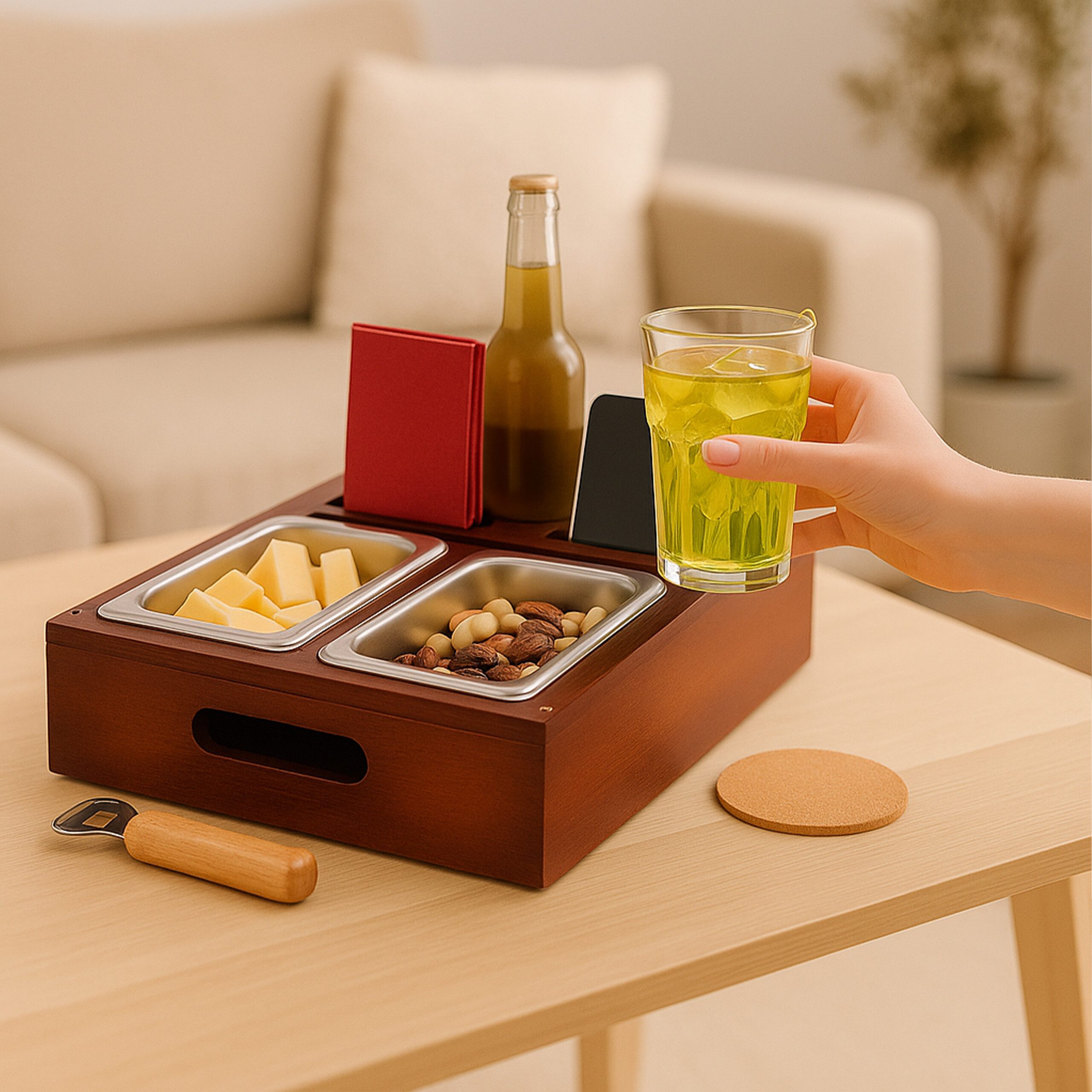 relaxdays Tabletttisch Couchbar mit Snackschalen, Braun günstig online kaufen