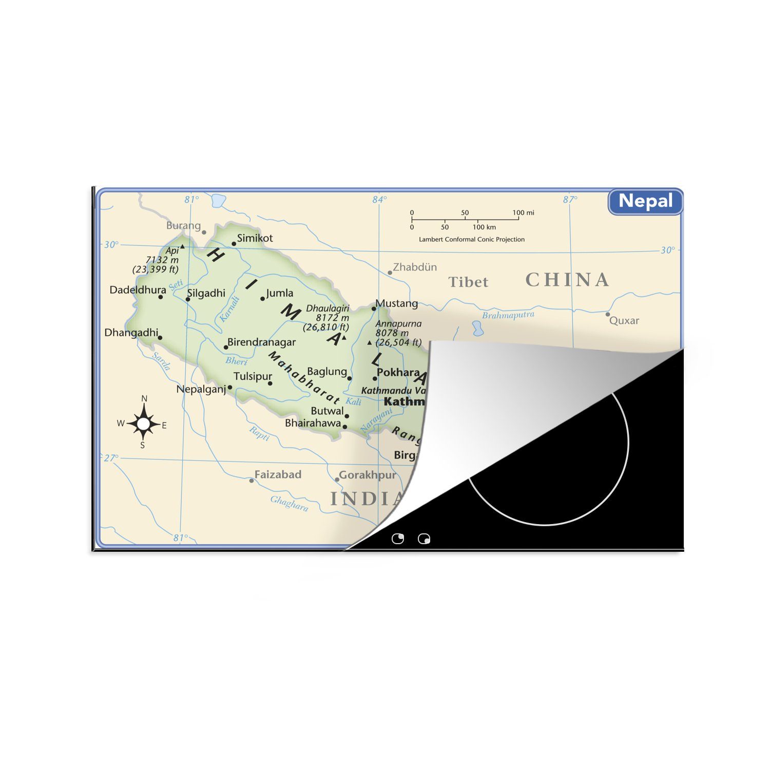 MuchoWow Herdblende-/Abdeckplatte Eine Karte des Himalayas, Vinyl, (1 tlg), 81x52 cm, Induktionskochfeld Schutz für die küche, Ceranfeldabdeckung
