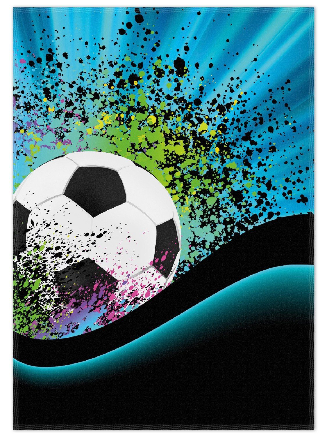 Wallario Teppich Fußball - Design Wellen und Regenbogen in blau, rechteckig, rutschfest