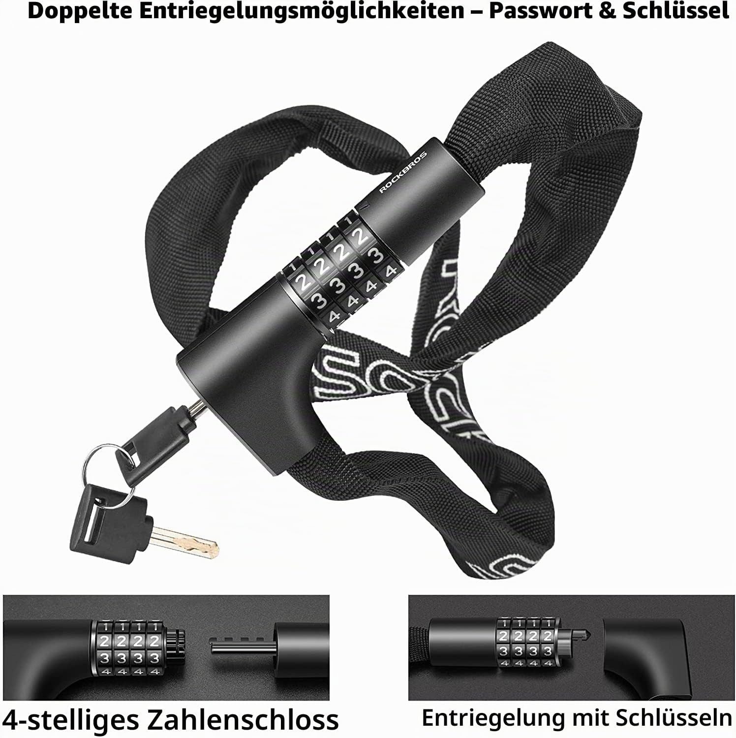 ROCKBROS Kettenschloss Fahrrad Kettenschloss mit 4-stelligem Code 96cm/6mm aus Stahl