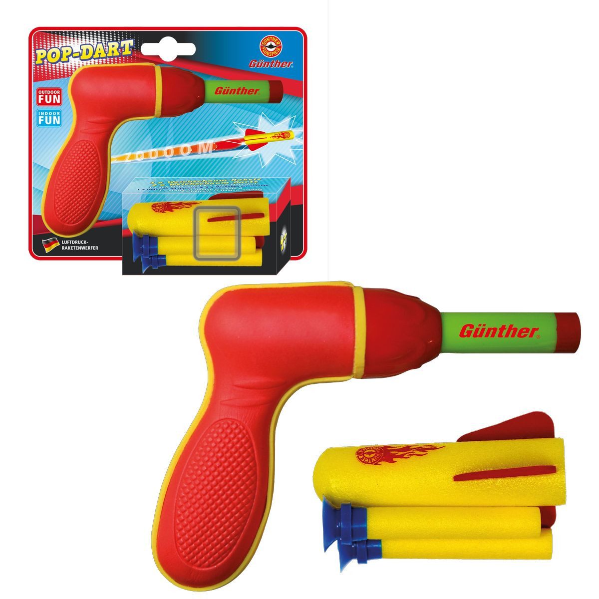 Paul Günther Kartuschenpistole Luftpistole Pop Darts rot/gelb 12x15cm 1 Soft-Rakete 2x Soft-Darts