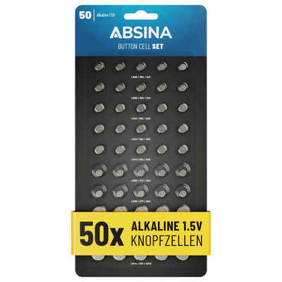ABSINA 50er Pack Alkaline Knopfzellen Batterien - AG1 AG3 AG4 AG10 AG13 Knopfzelle, (1 St)