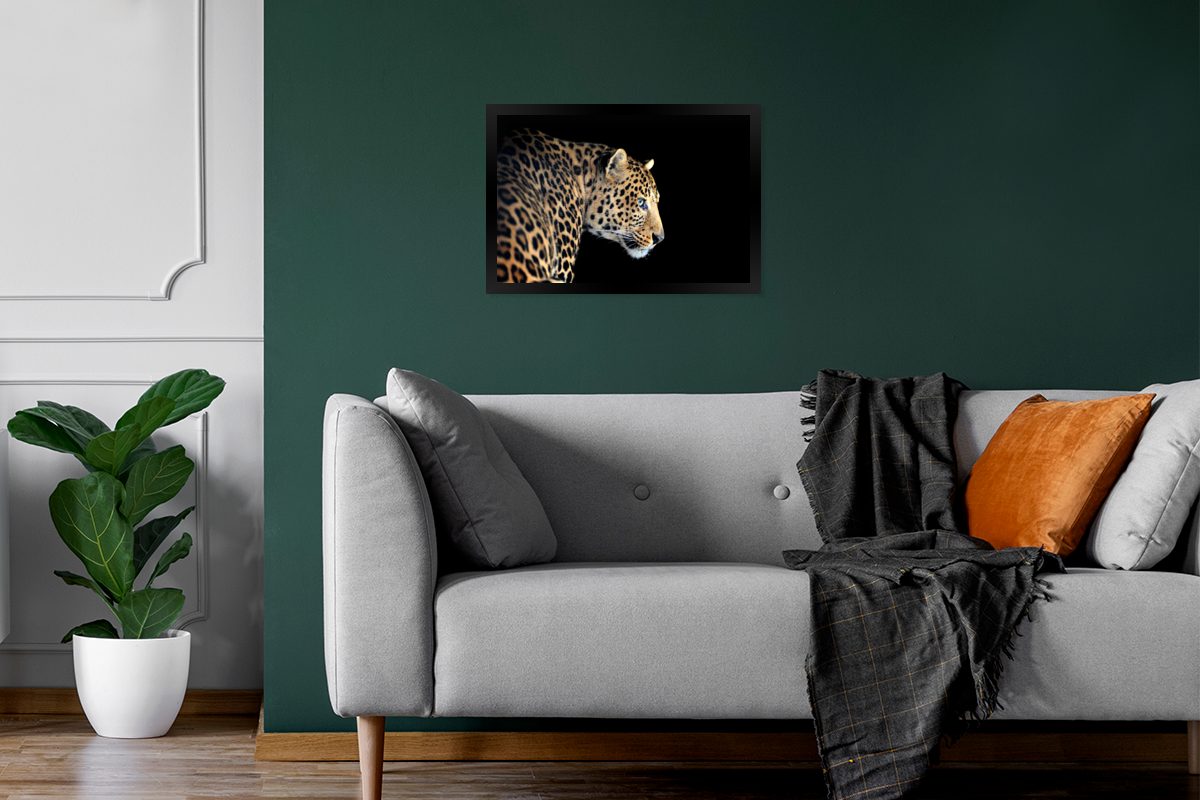 MuchoWow Poster Leopard Poster, - Bilder, Schwarz, Bilderrahmen Schwarzem Wanddeko, Profil Wandposter, (1 - St), Gerahmtes