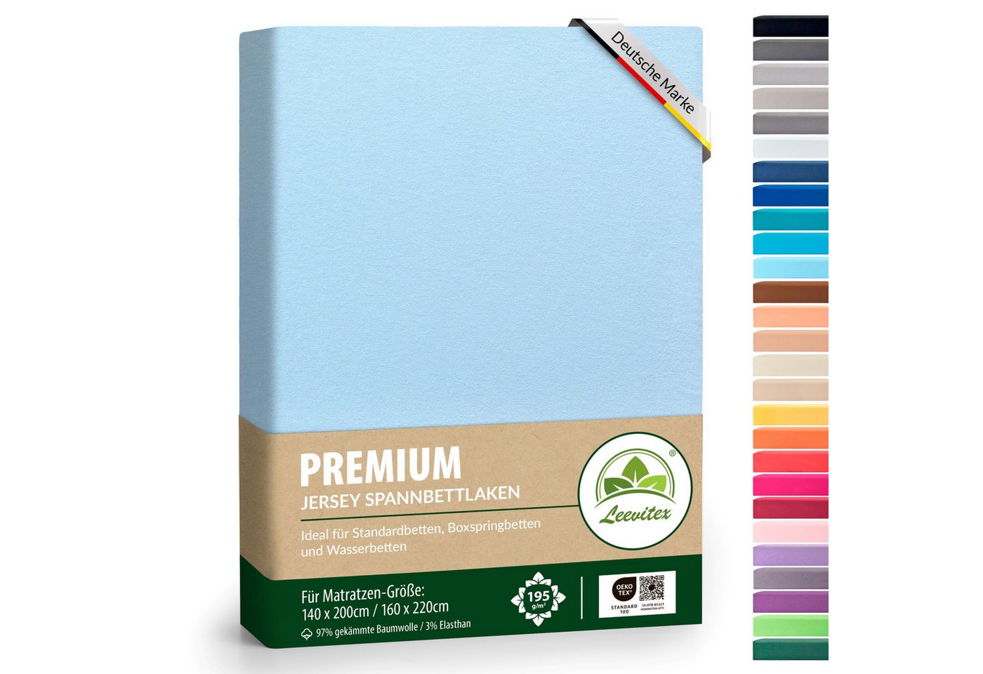 leevitex® Spannbettlaken Premium, verschiedene Größen, Stoffgewicht 195 g/m², 40 cm Steghöhe, Jersey-Elasthan, Gummizug: rundum, (1 Stück), verschiedene Farben, OEKO-TEX® STANDARD 100 zertifiziert