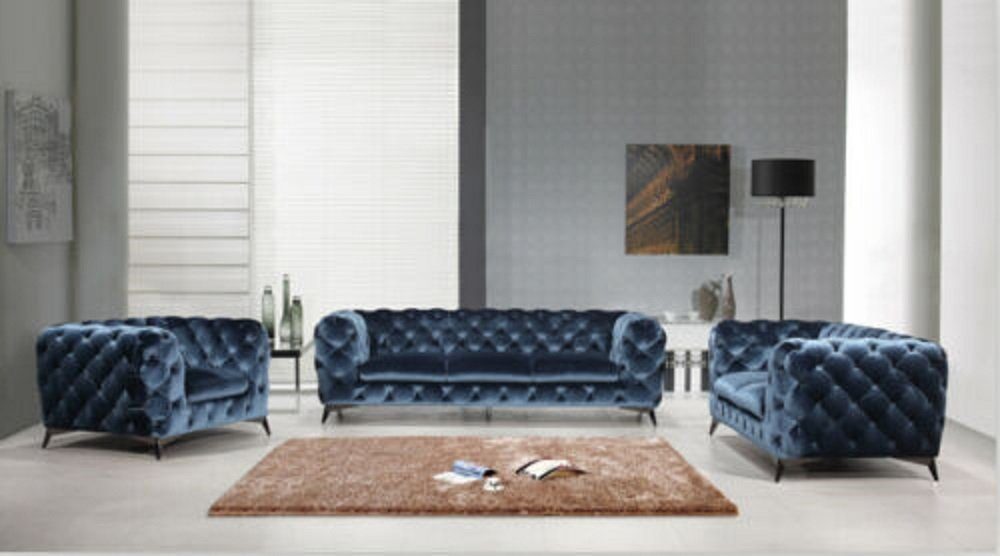 JVmoebel Sofa Blaue Chesterfield Polster Couch Textil Sofa Couch Garnituren 3+2+1, Made in Europe