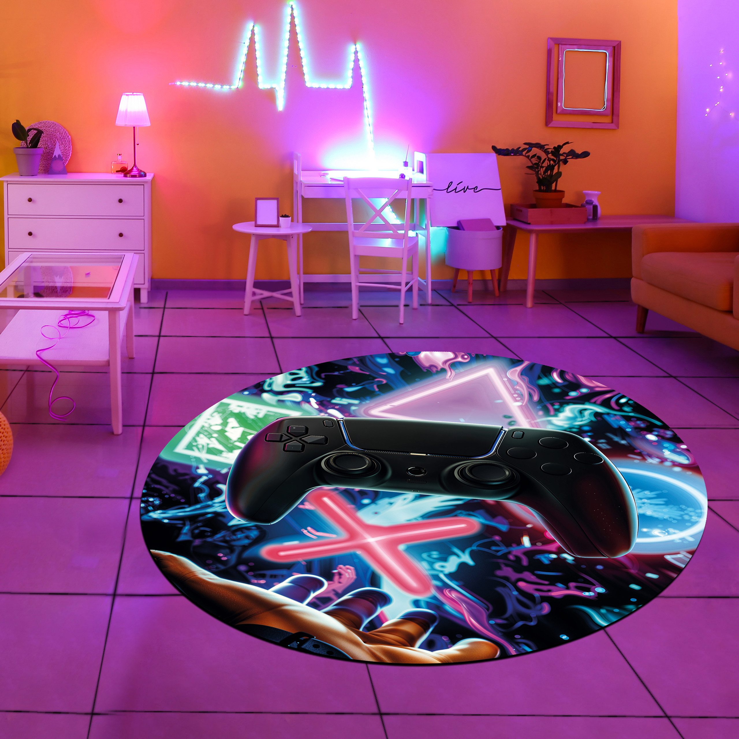 TeppichHome24 Teppich Gaming-Teppich mit lebendigen neon-farbigen Symbolen günstig online kaufen
