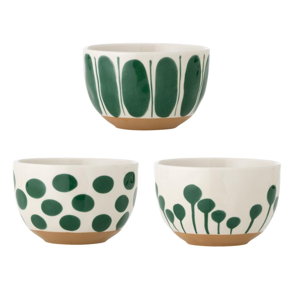 Bloomingville Schale Linora Grün, Steingut, 3er Set, Steinzeug, Müslischüssel, Salatschüssel, Handbemalt, Rustikal, Unikat, 3er Set