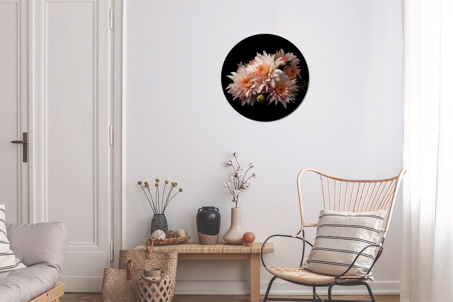 - 30x30 St), Schwarz, - Forex, MuchoWow Chrysantheme Wandbild, (1 Kreis Blumen - Gemälde cm Wohnzimmer, - Wanddekoration Rundes Weiß Natur