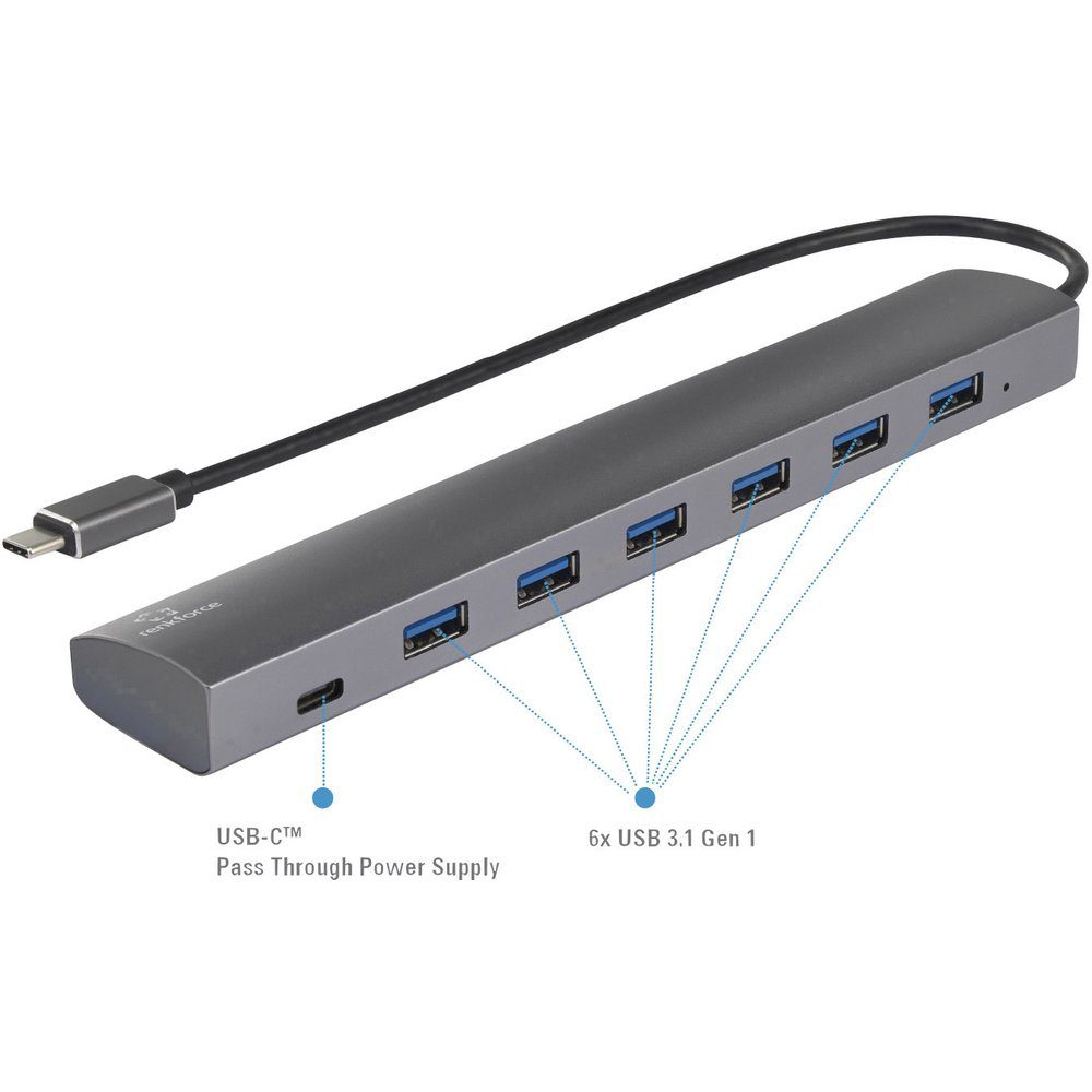 USB-Verteiler Renkforce 6+1 Port USB 3.1 Gen 1-Hub mit Pass-Through Stromanschluss