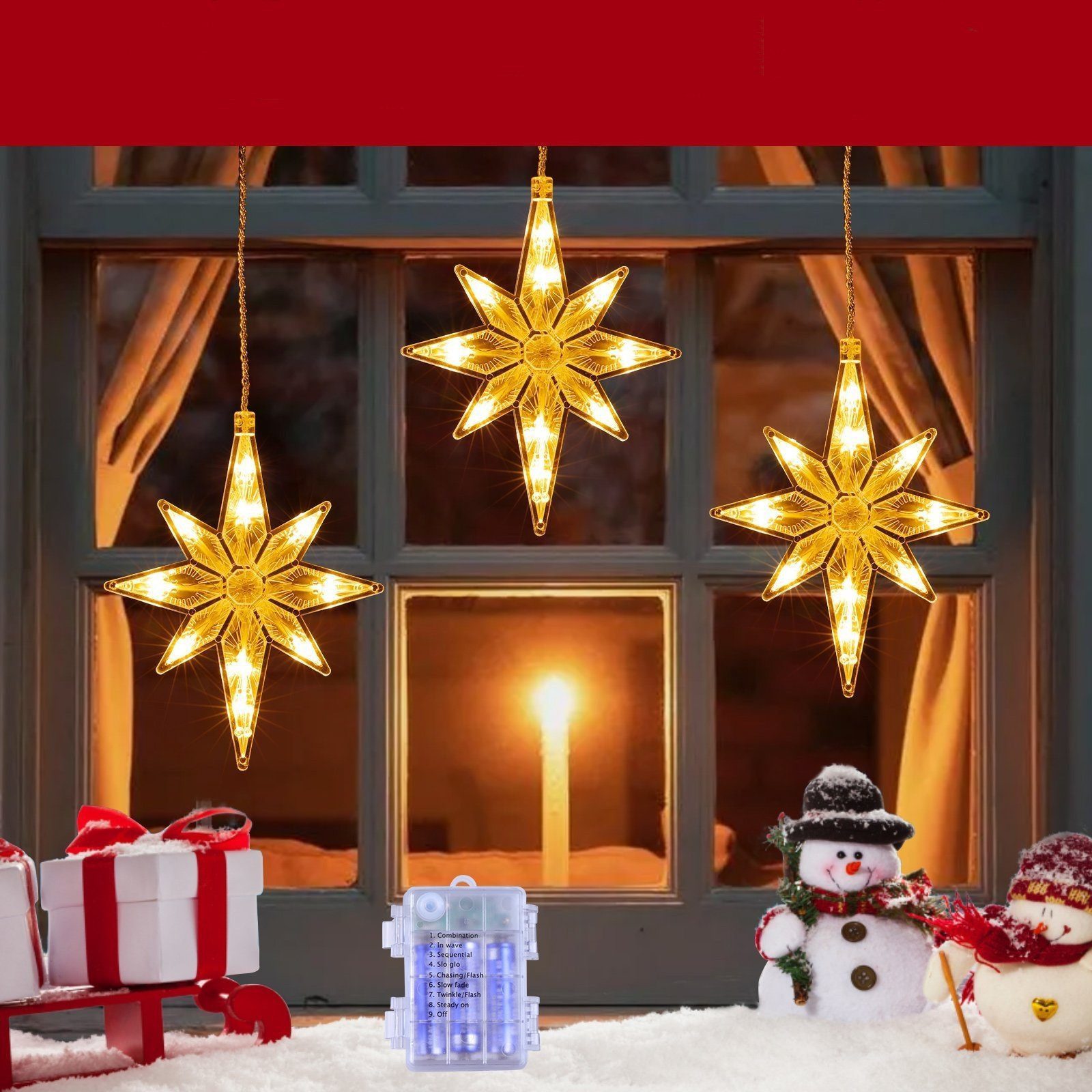 Quntis LED-Lichterkette 0.3/0.6M Led weihnachtsdeko fenster, weihnachtsstern mit haken, Weihnachtsdeko mit Memory Funktion für Weihnachten Fensterbilder Deko