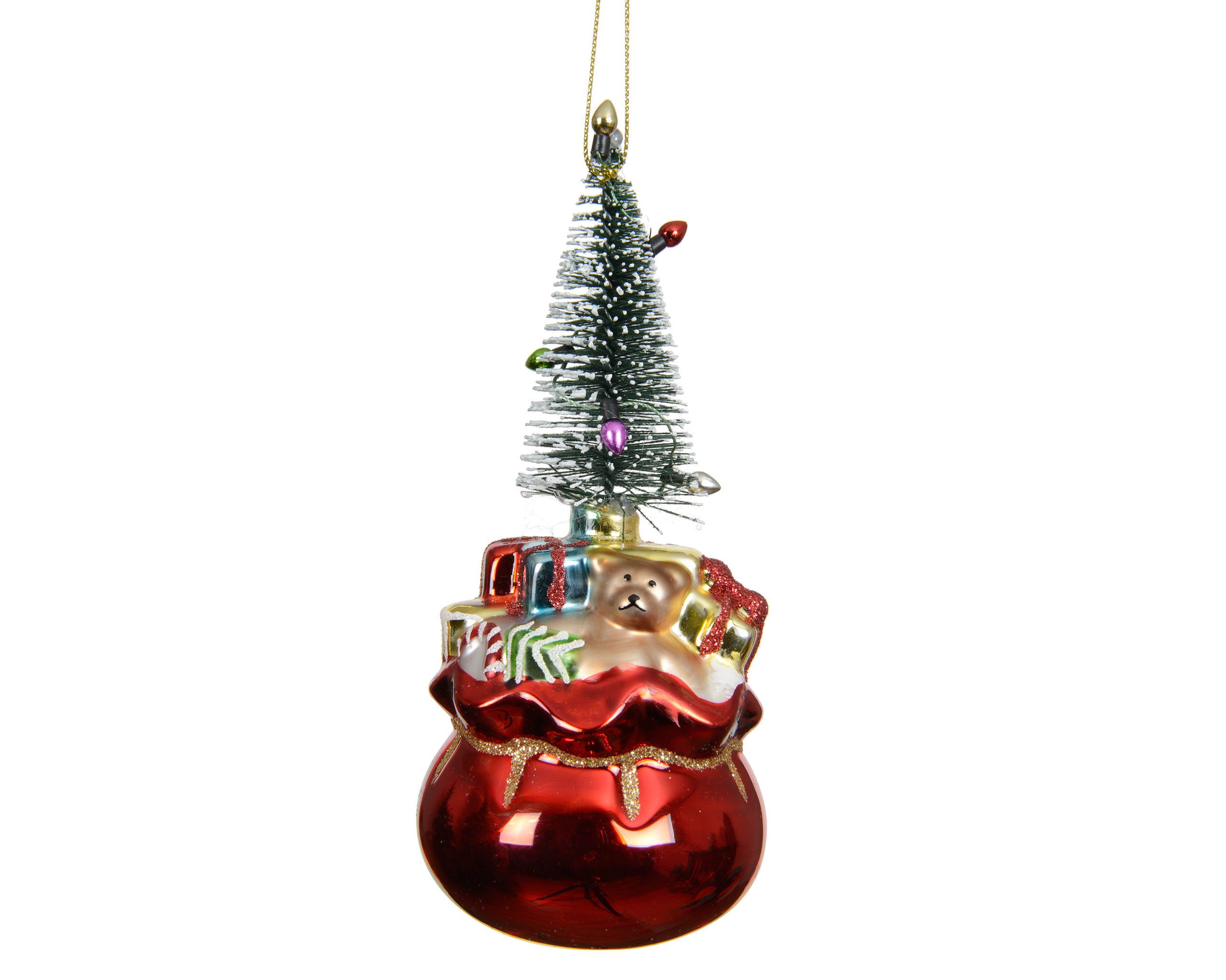 Kaemingk Christbaumschmuck, Christbaumschmuck Glas 15cm Geschenksack mit Baum Figur Rot / Bunt