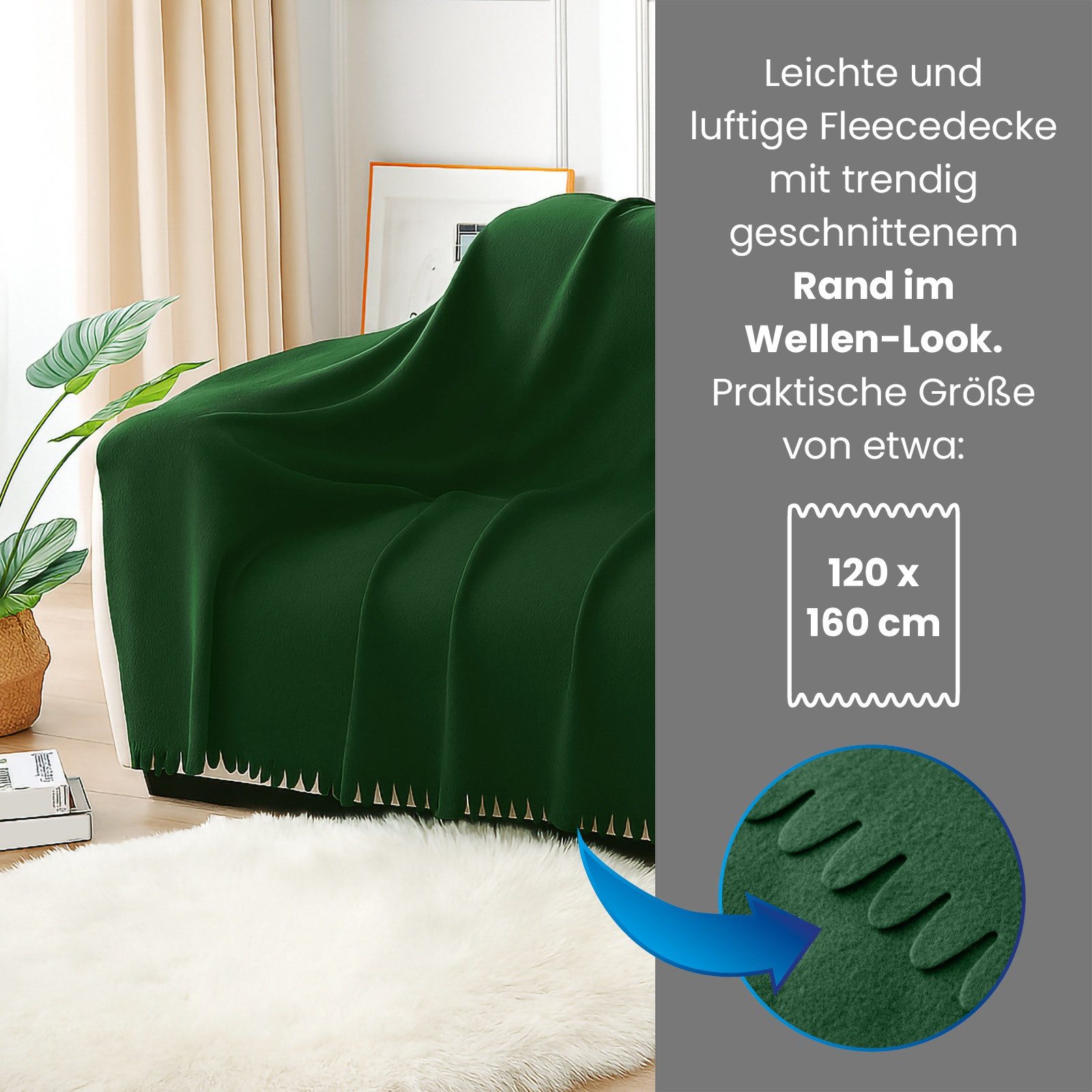 Wohndecke 3er Set Fleecedecke WAVE ca. 120x160, wometo, OEKO-TEX®, Fleecedecke mit Wellenrand & Anti-Pilling