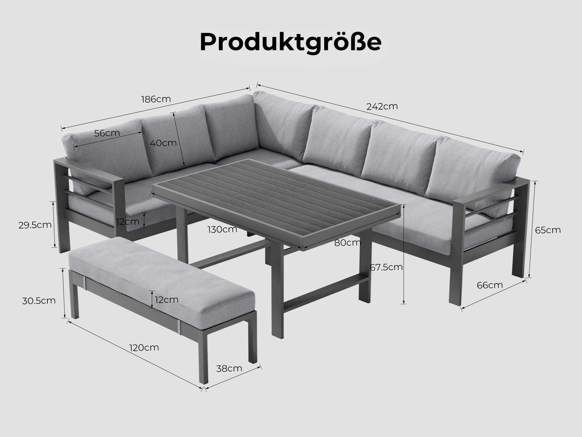 MeXo Gartenlounge-Set XXL Lounge Gartenmöbelset aus Aluminium, wetterfest, (Ecksofa mit linker Ecke für 6-8 Personen, 5-tlg., 12/15 cm dicke Kissen, Terrassenmö – Bild 4 von 5