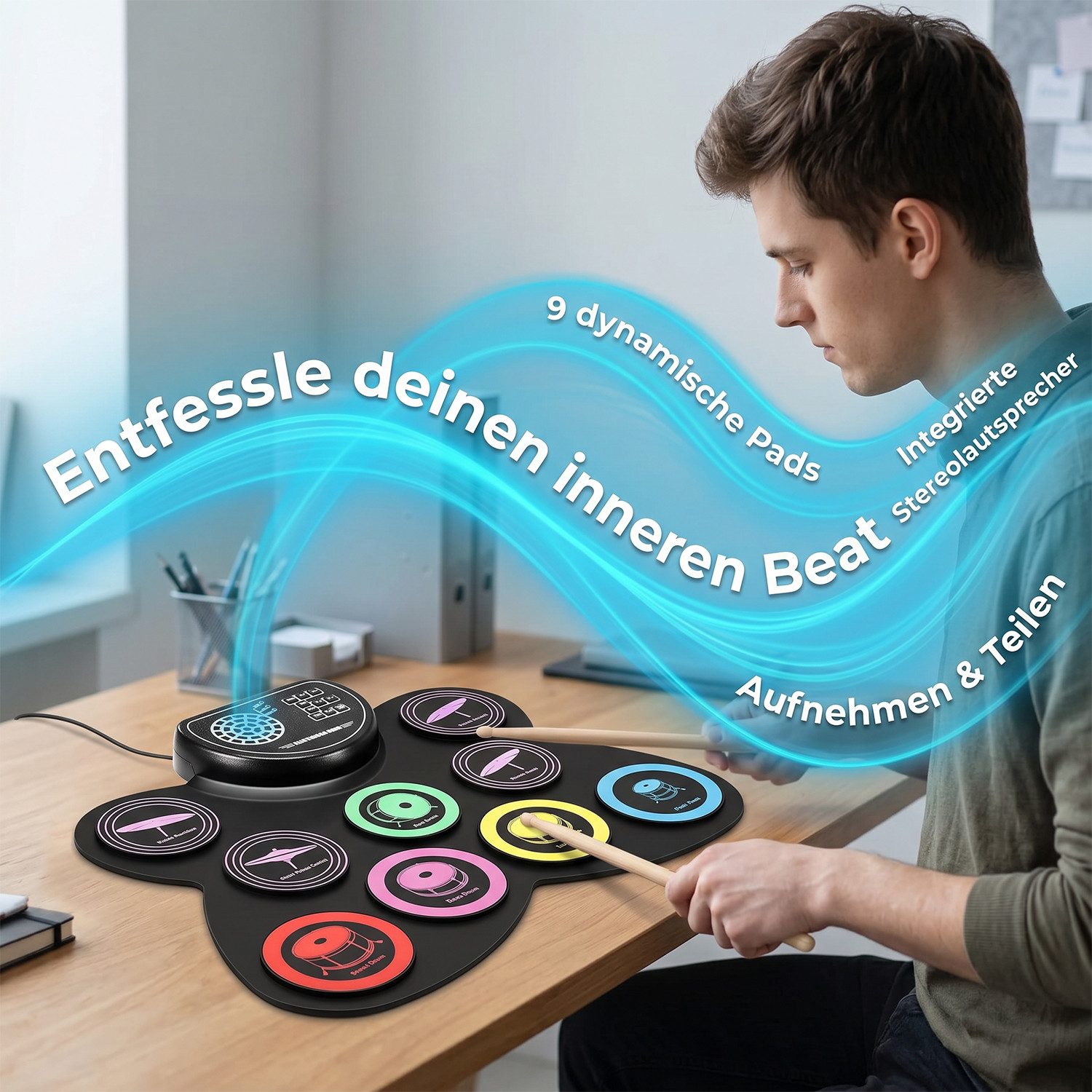 AKKEE E-Drum Schlagzeug Elektronisch Drum Set, 9 Pads Aufrollbar, Eingebauter Stereo-Lautsprecher, Unterstützt einen Kopfhörerausgang