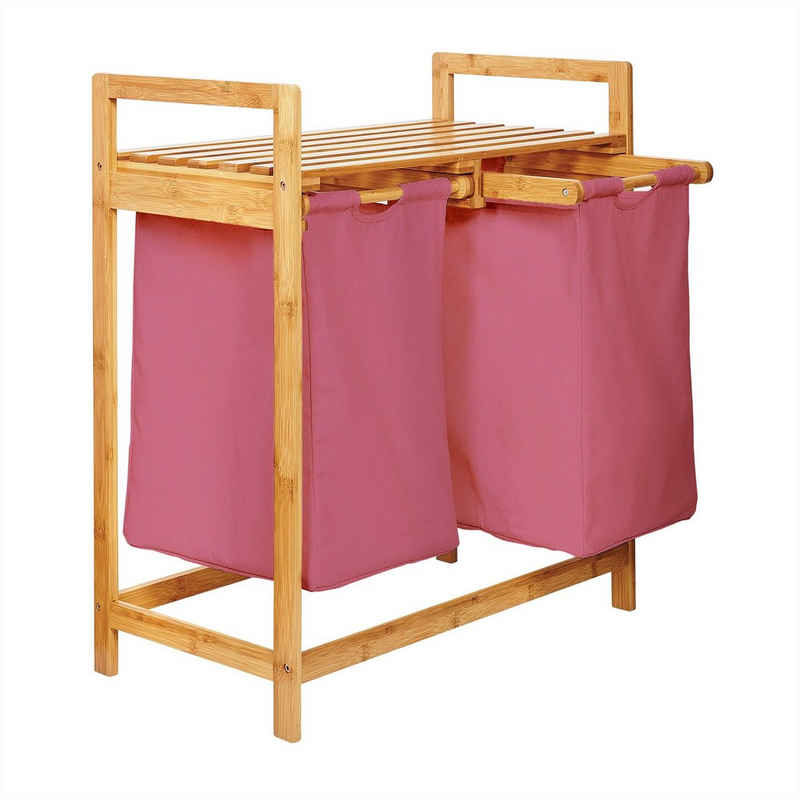 Lumaland Ausziehwäschekorb Bambus mit 2 ausziehbaren Wäschesäcken 73x64x33cm (Sitzbank + Wäschekorb), Wäschesammler inkl. Deckel