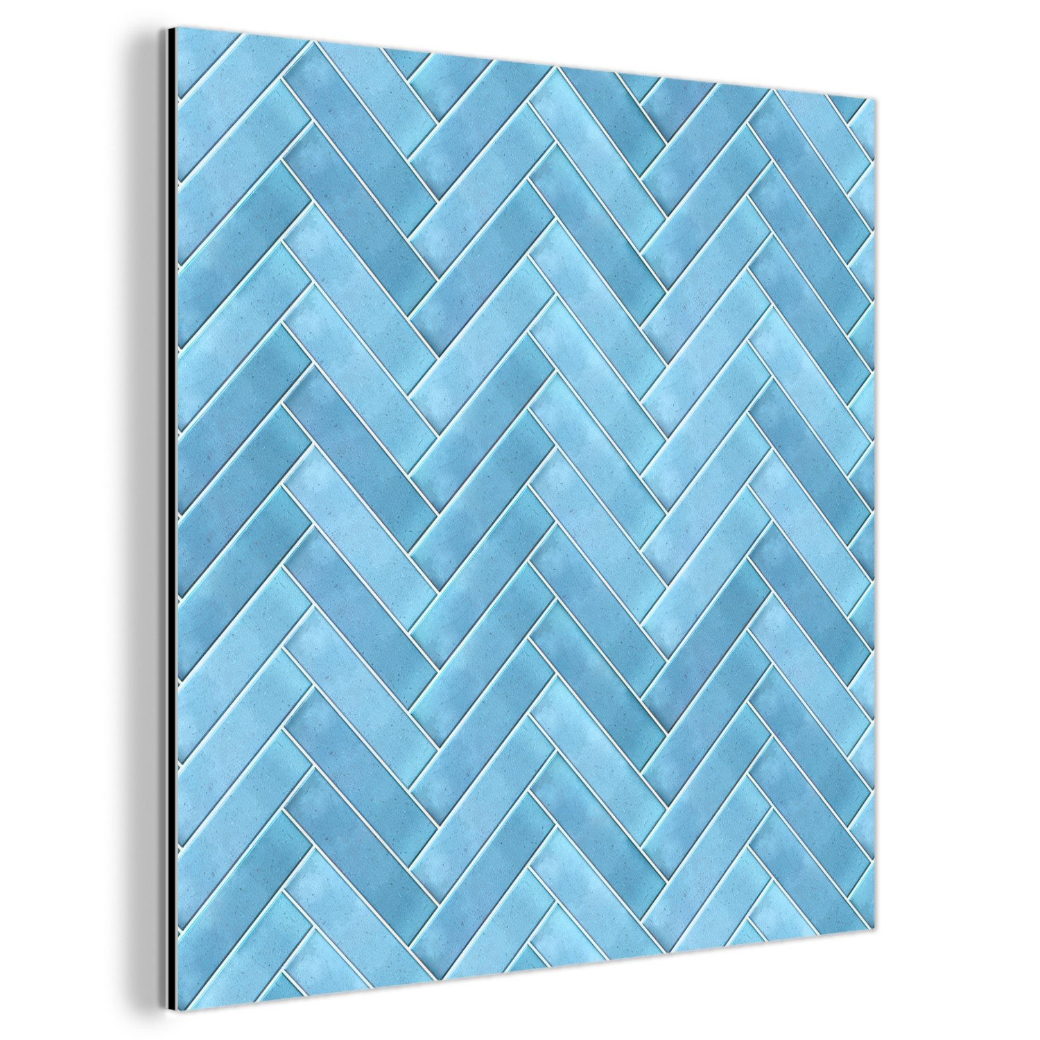 MuchoWow Metallbild Fischgrätenmuster - Wandfliese - Hellblau, Inkl. Aufhängung, Alu-Dibond-Druck, Wandbild aus Metall, Aluminium deko, 20x20 cm