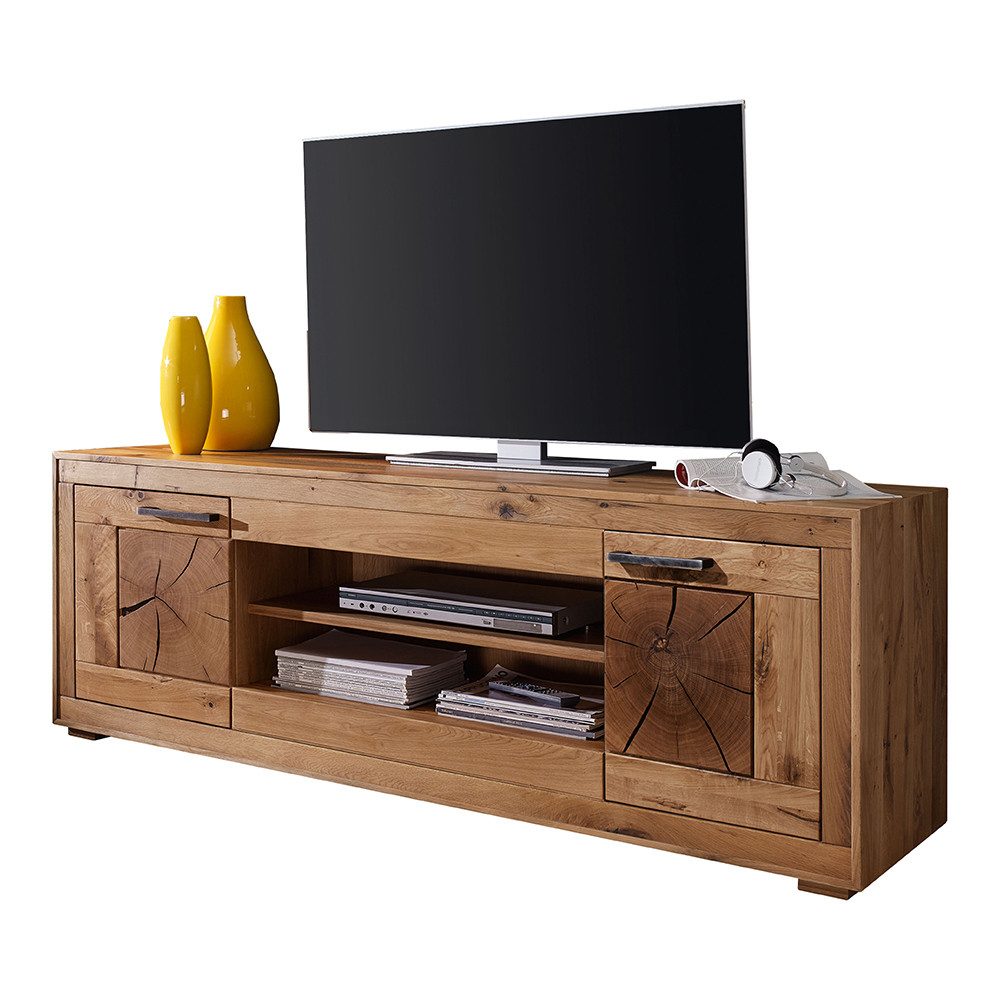 Lomadox Lowboard WINNIPEG-69, Fernsehschrank 200cm, Eiche massiv geölt, Hirnholz-Details, montiert