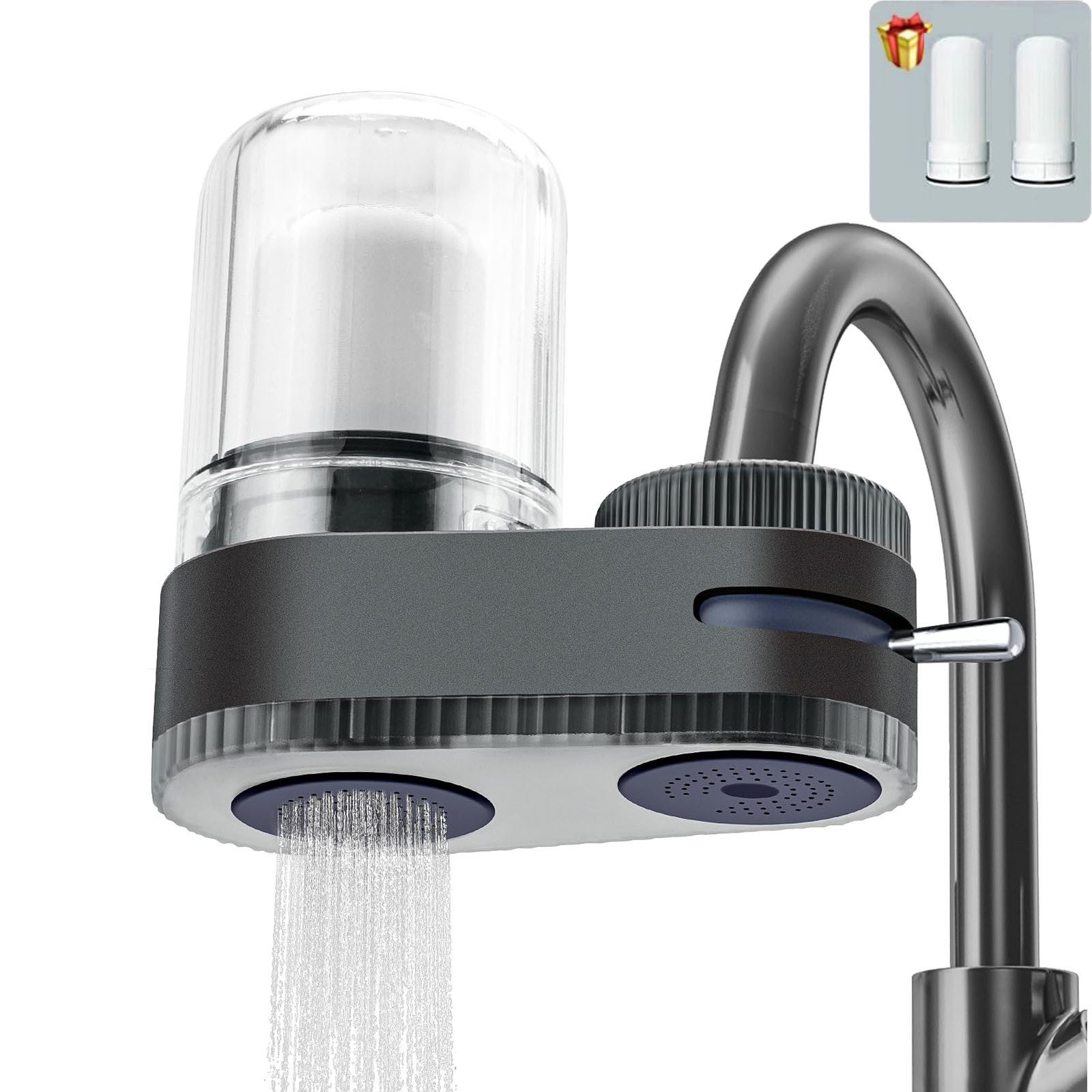MOPUEA Wasserhahnfilter Spülbecken-Wasserfilter, transparenter Wasserfilter für Wasserhähne, 7 Lagiges Verbundfilterelement, 2 Ersatzkern