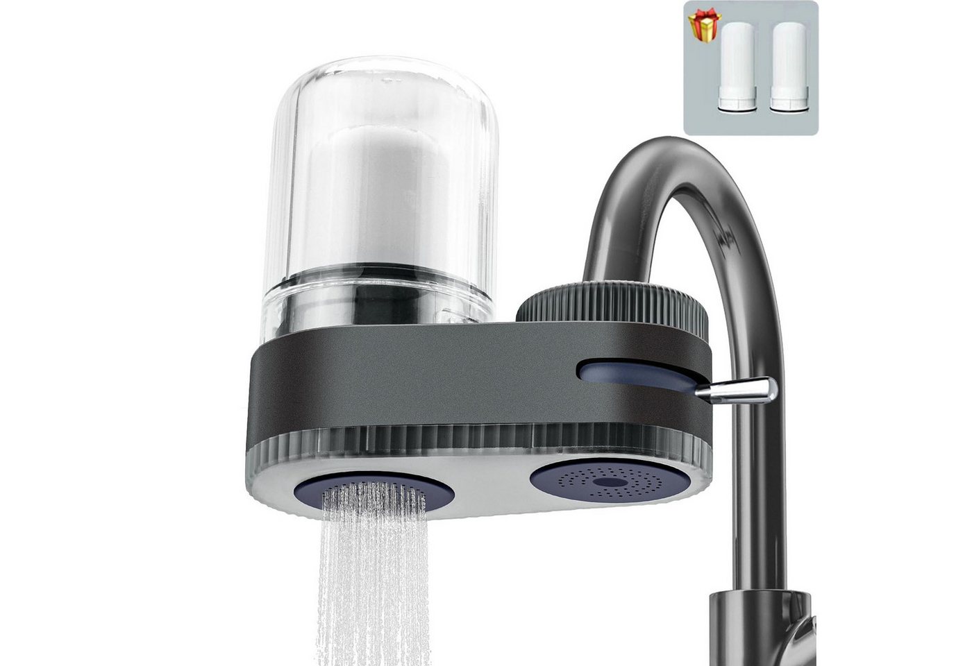 MOPUEA Wasserhahnfilter Spülbecken-Wasserfilter, transparenter Wasserfilter für Wasserhähne, 7 Lagiges Verbundfilterelement, 2 Ersatzkern