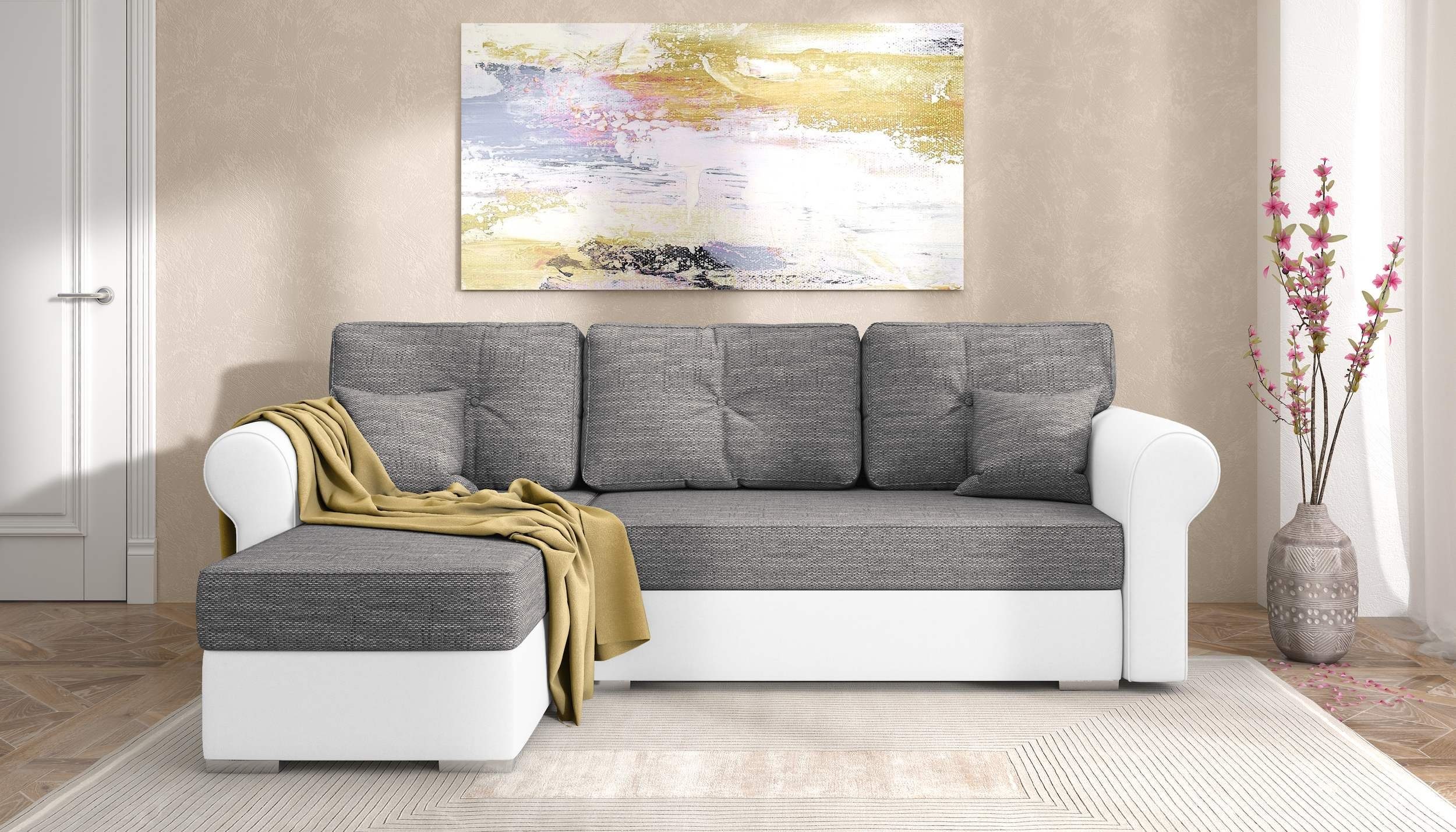 Stylefy Ecksofa Ofanto, L-Form, Eckcouch, mit Bettfunktion und Bettkasten, mane links oder rechts bestellbar, Modern Design, frei im Raum stellbar, inklusive Kissen