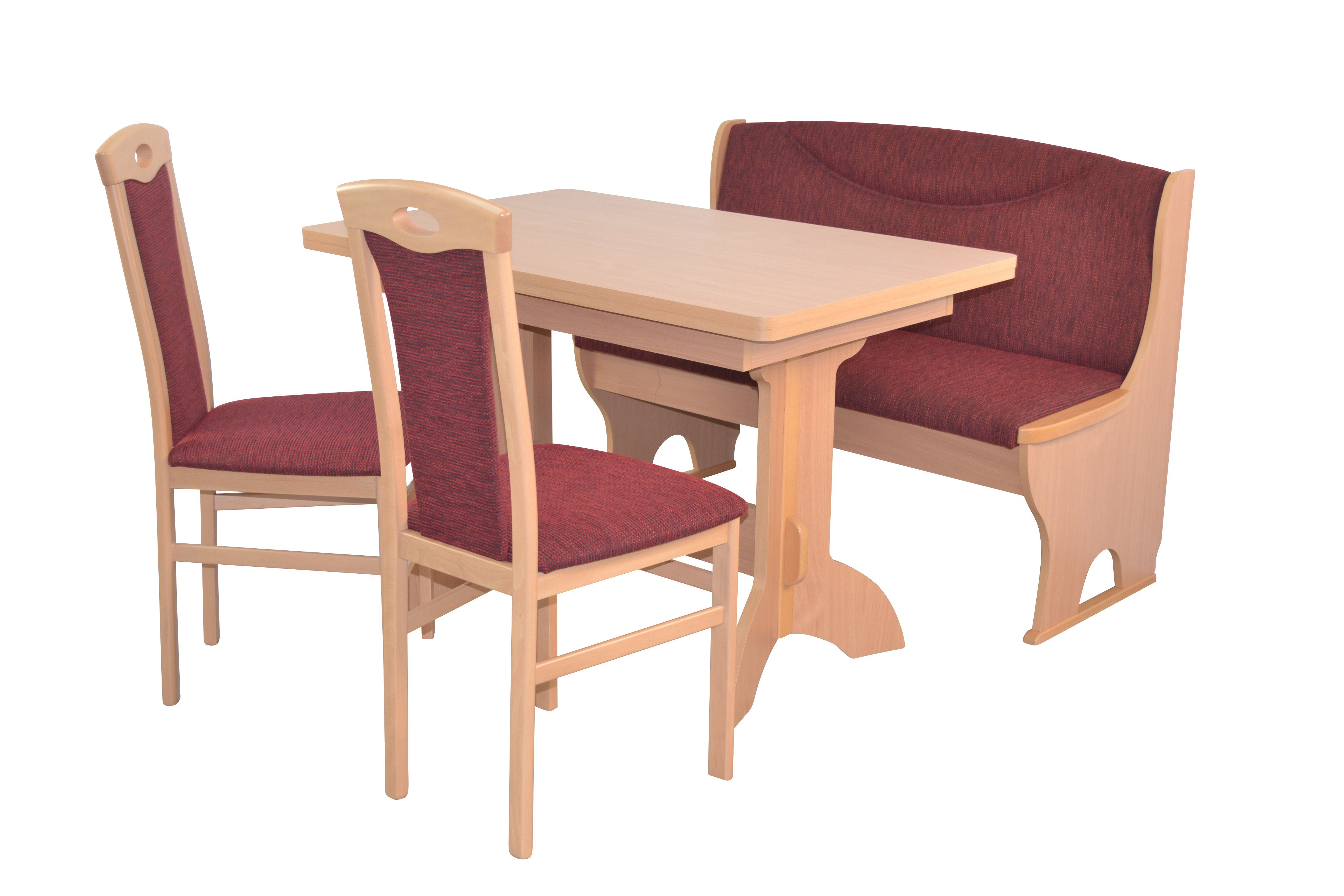 moebel-direkt-online Esstisch, 2 Stühlen, Sitzbank Essgruppe einen bestehend Sitzgruppe Buche-Nachbildung/bordeaux mit Stauraumfunktion Sitzbank, aus 4teilige 4teiliges (Spar-Set, Tischset),