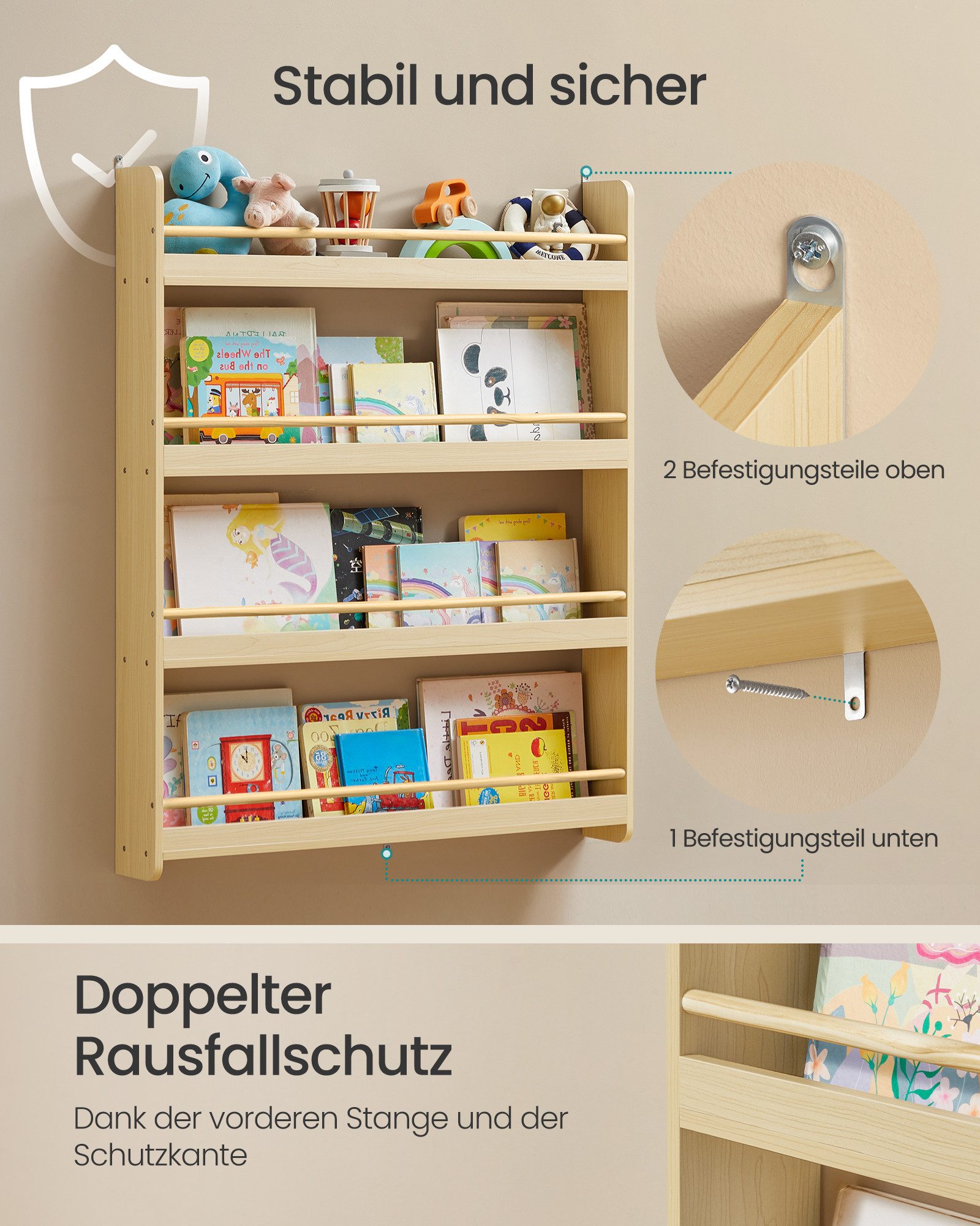 SONGMICS Spielzeugtruhe Kinderbücherregal, Wandregal und Spielzeugregal mit mehreren Ebenen, mit 4 Ebenen, für Kinderzimmer und Spielzimmer – Bild 4 von 5