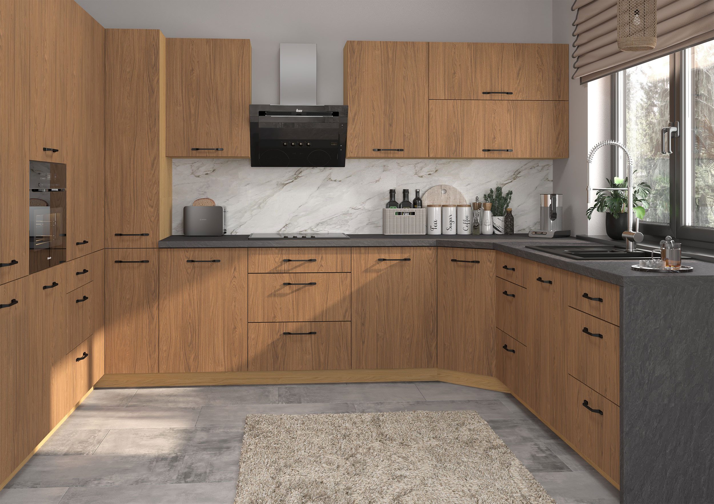 Feldmann-Wohnen Küchenzeile Casella, (Topfkarussell, Gasdruckdämpfer, HETTICH InnoTech Atira Vollauszug), U-Form, 15-teilig, Eiche Artisan / Casella Eiche Natur braun
