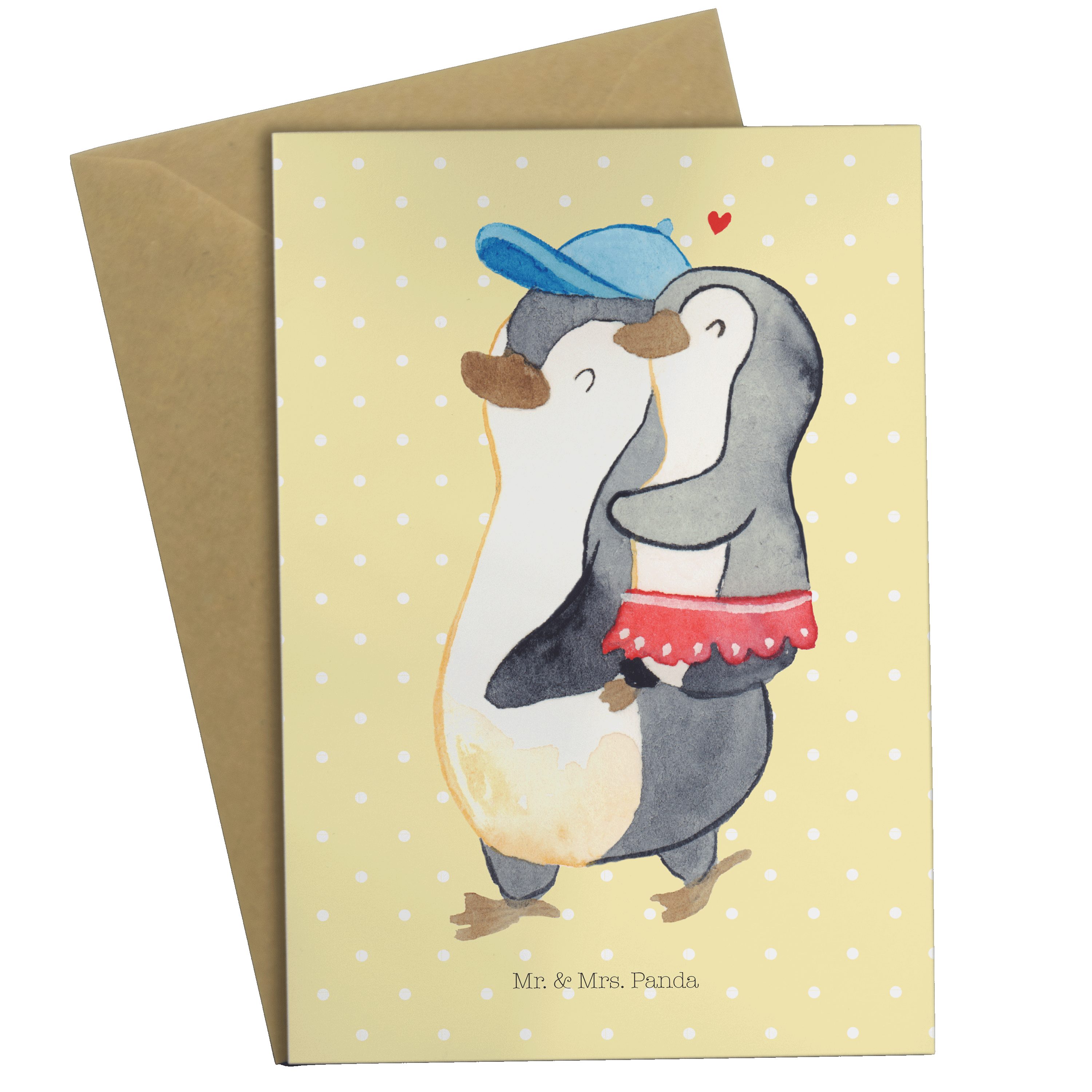 Mr. & Mrs. Panda Grußkarte Pinguin Kleine Schwester - Gelb Pastell - Geschenk, Karte, Hochzeitsk