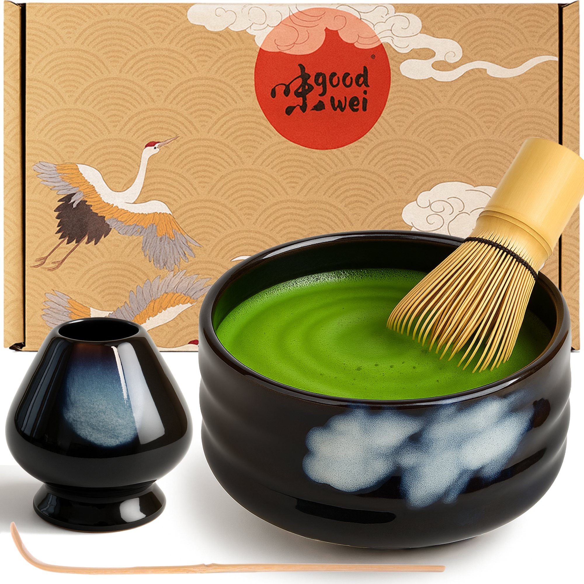 Goodwei Teeservice Matcha-Set "Burashi" 120 mit Teeschale, Matchabesen und Besenhalter (4-tlg), 1 Personen, Keramik, handgearbeitet