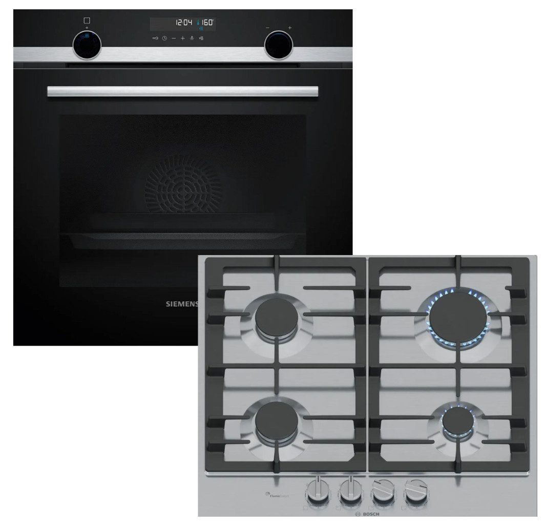 SIEMENS Backofen-Set Einbaubackofen Pyrolyse 3D Heißluft + Bosch Gaskochfeld FlameSelect, mit 1-fach Teilauszug, Pyrolyse-Selbstreinigung Hydrolyse