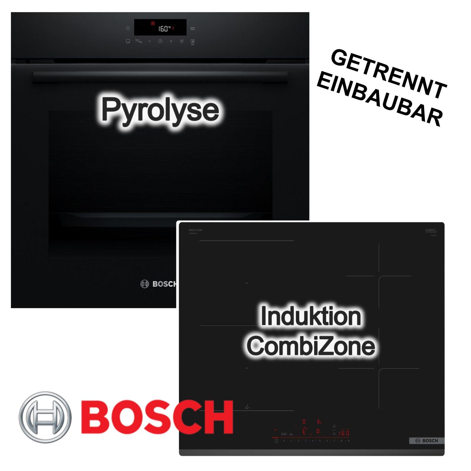 BOSCH Backofen-Set schwarz Pyrolyse Heißluft 71L Induktionskochfeld CombiZone PowerBoost, mit Nein, Pyrolyse-Selbstreinigung Hydrolyse