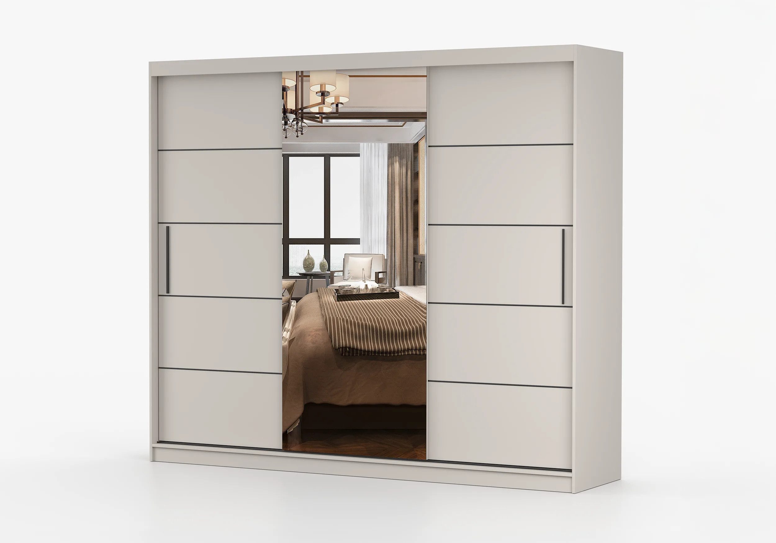 MOEBLO Schiebetürenschrank ELBA I Kaschmir mit Spiegel (Kleiderschrank - großer Spiegel, dekorative Aluminiumleisten, Kleiderstange & Einlegeböden, platzsparend – Bild 4 von 5